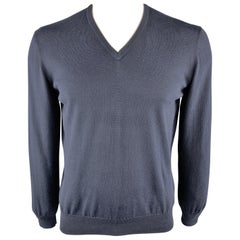 ERMENEGILDO ZEGNA Size L Navy Cotton V-Neck Pullover Sweater