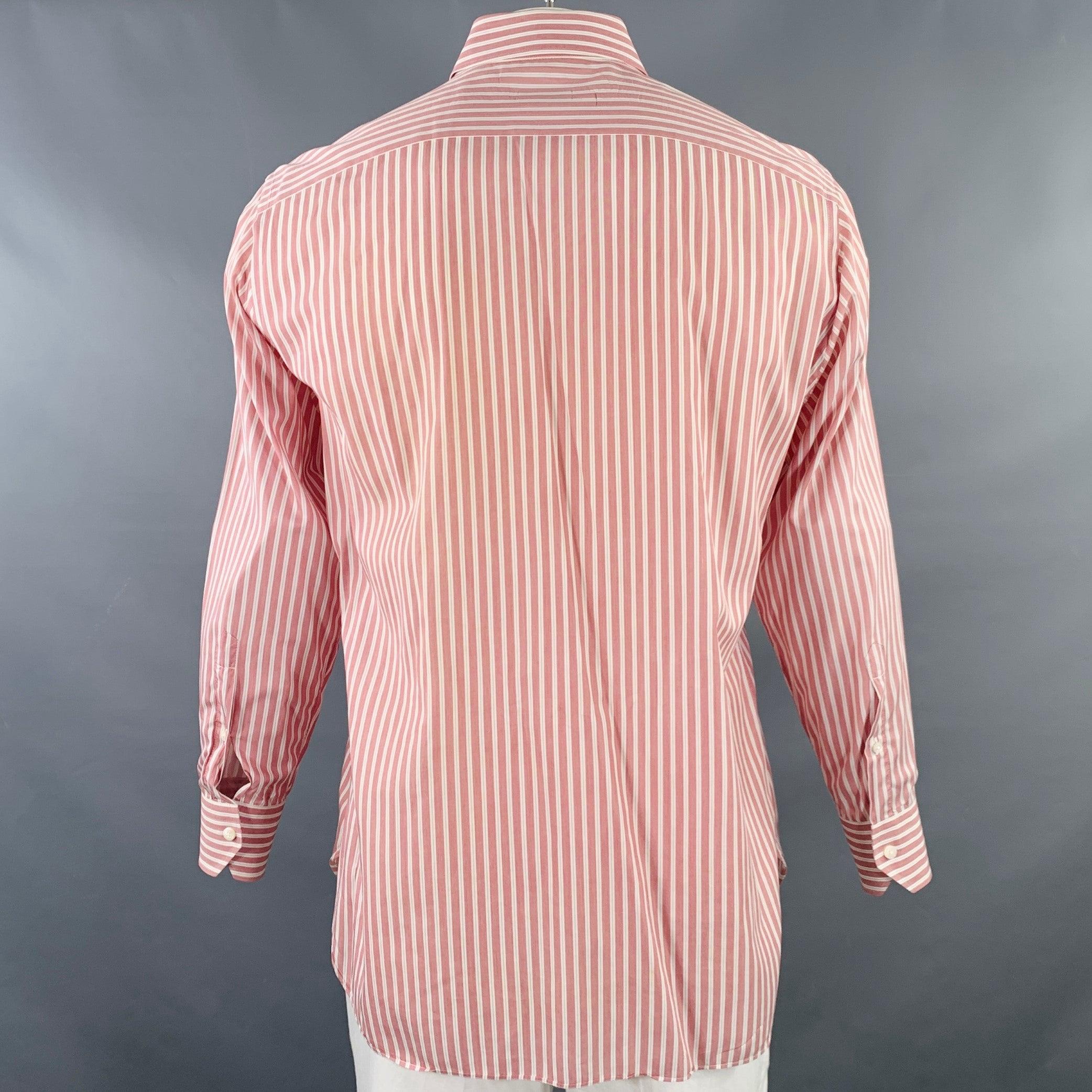 Beige ERMENEGILDO ZEGNA Size L Pink White Stripe Cotton Slim Fit Long Sleeve Shirt For Sale