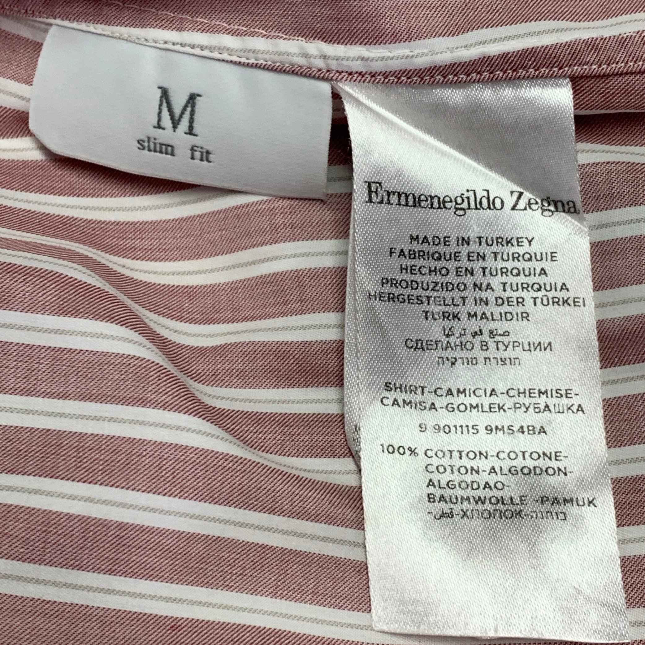 ERMENEGILDO ZEGNA Size L Pink White Stripe Cotton Slim Fit Long Sleeve Shirt For Sale 1