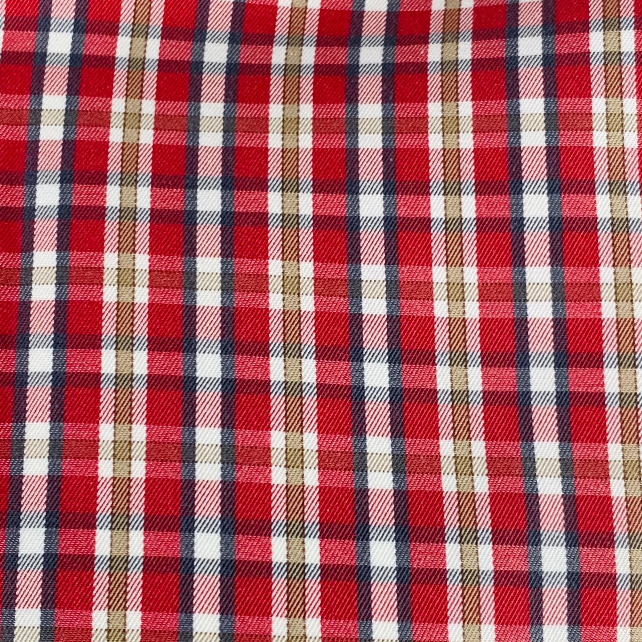 ERMENEGILDO ZEGNA long sleeve shirt in a red and brown cotton woven fabric featuring a plaid pattern, curved cutaway collar, and button closure.
Made in Italy.Excellent Pre-Owned Condition. 

Marked:   L 

Measurements: 
 
Shoulder: 16.5 inches