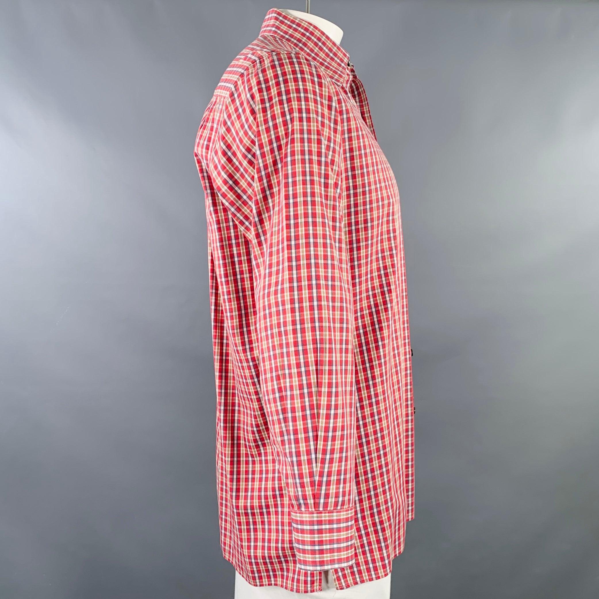 Pink ERMENEGILDO ZEGNA Size L Red Brown Plaid Cotton Curved Cutaway Long Sleeve Shirt For Sale