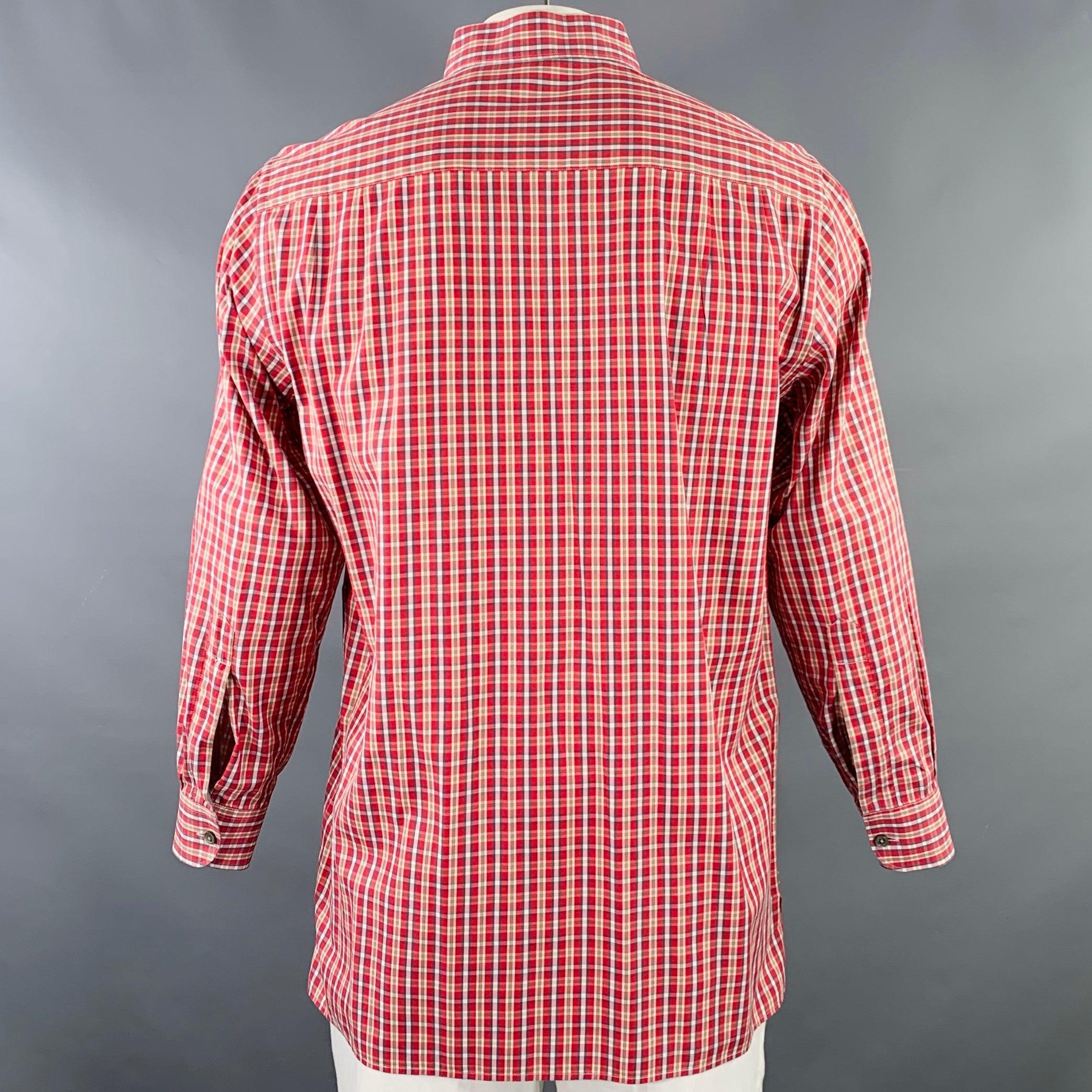ERMENEGILDO ZEGNA Size L Red Brown Plaid Cotton Curved Cutaway Long Sleeve Shirt In Excellent Condition For Sale In San Francisco, CA