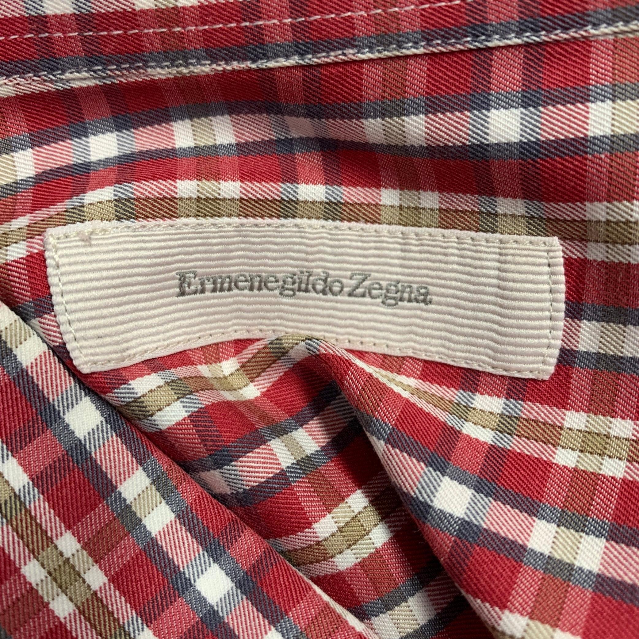 Men's ERMENEGILDO ZEGNA Size L Red Brown Plaid Cotton Curved Cutaway Long Sleeve Shirt For Sale
