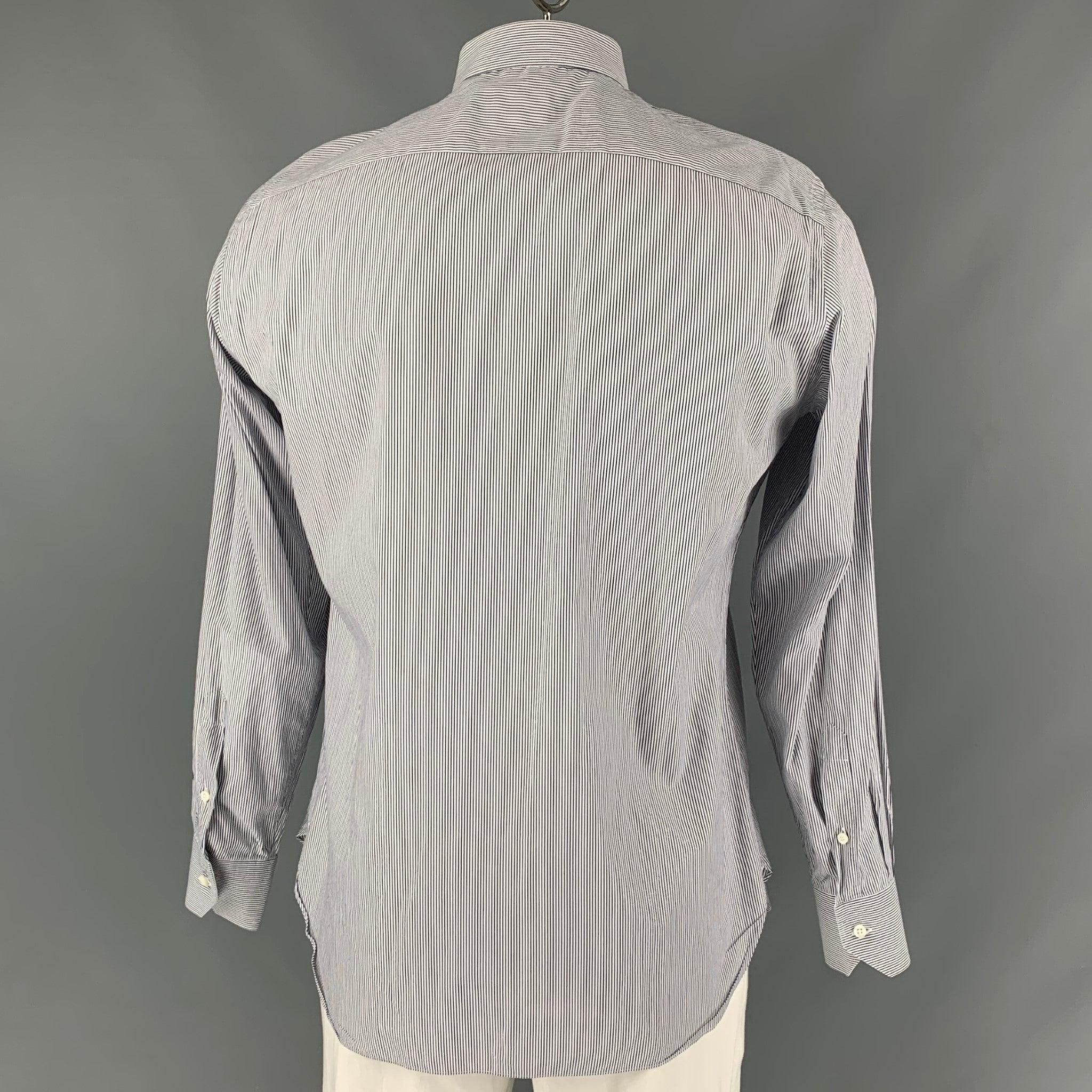 ERMENEGILDO ZEGNA Size L White Black Stripe Cotton Button Up Long Sleeve Shirt In Good Condition For Sale In San Francisco, CA