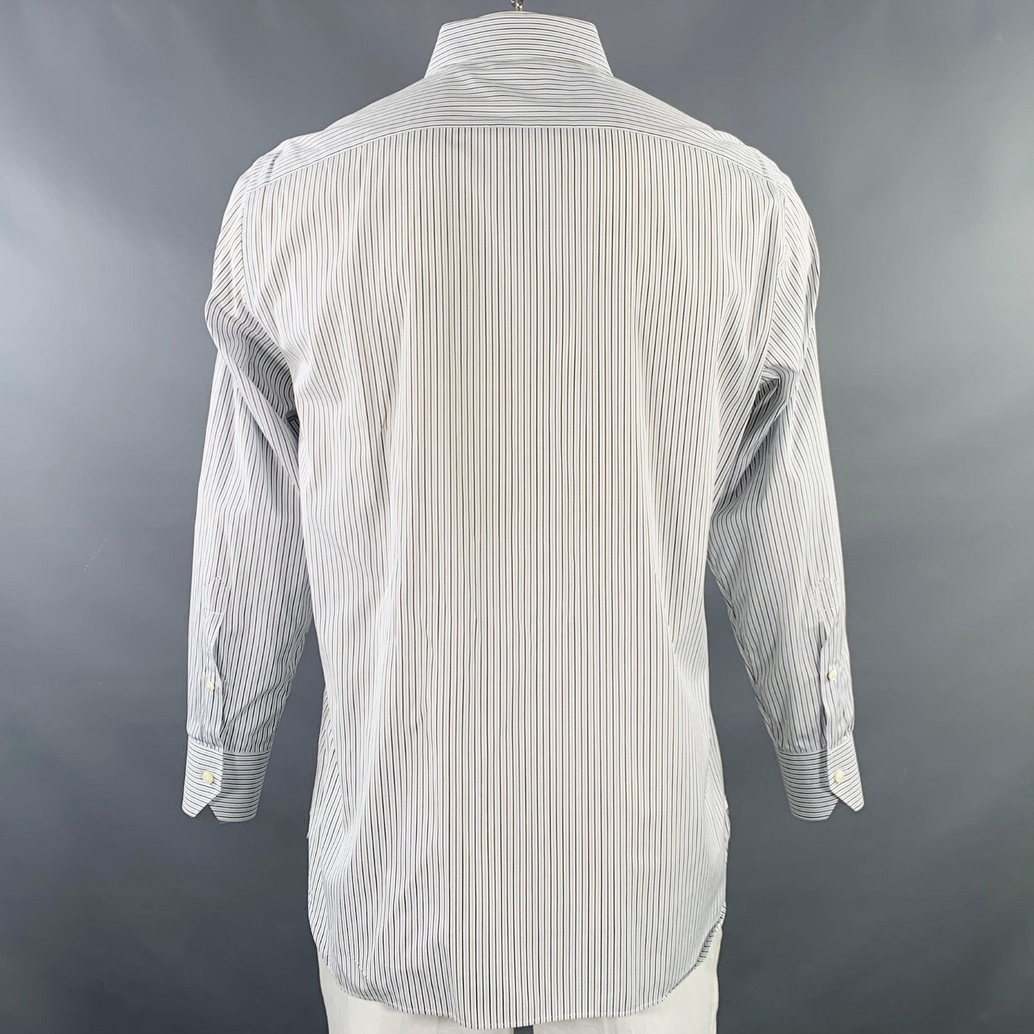 ERMENEGILDO ZEGNA Size L White Blue Brown Stripe Cotton Long Sleeve Shirt In Good Condition In San Francisco, CA