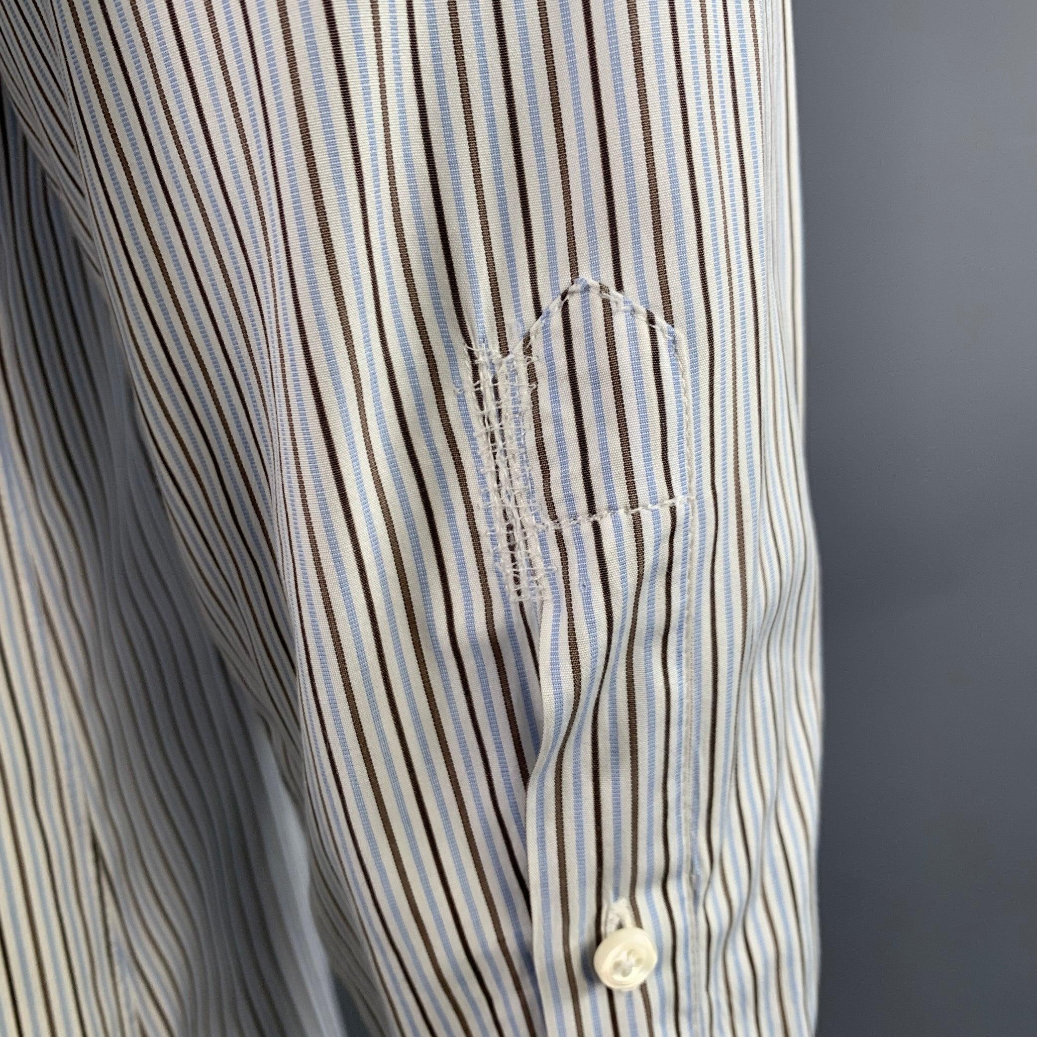 Men's ERMENEGILDO ZEGNA Size L White Blue Brown Stripe Cotton Long Sleeve Shirt