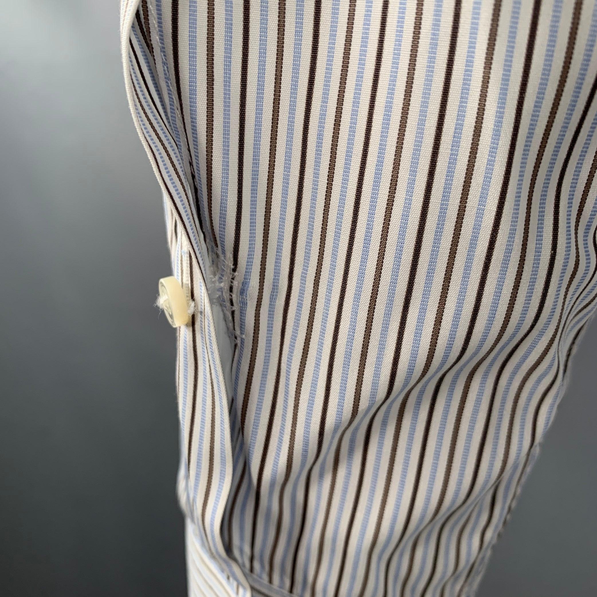 ERMENEGILDO ZEGNA Size L White Blue Brown Stripe Cotton Long Sleeve Shirt 1
