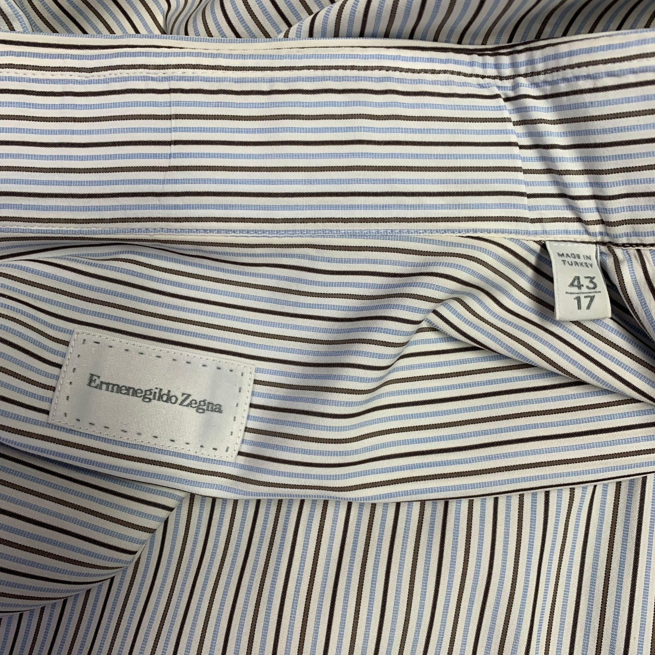ERMENEGILDO ZEGNA Size L White Blue Brown Stripe Cotton Long Sleeve Shirt 2
