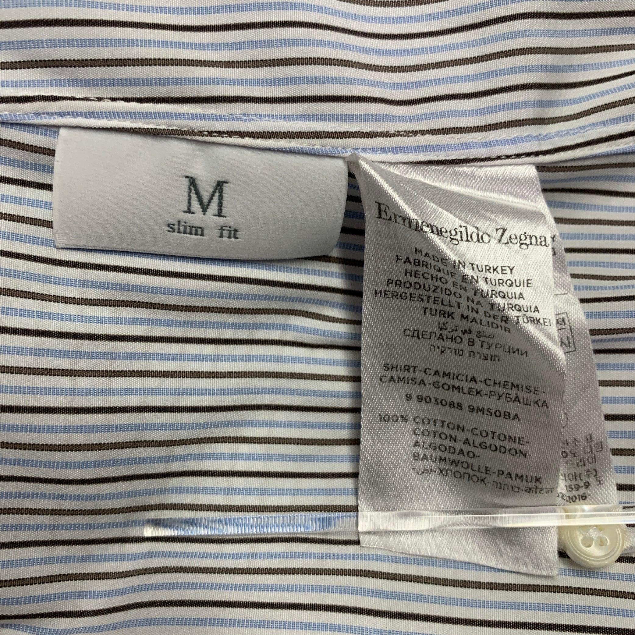 ERMENEGILDO ZEGNA Size L White Blue Brown Stripe Cotton Long Sleeve Shirt 3