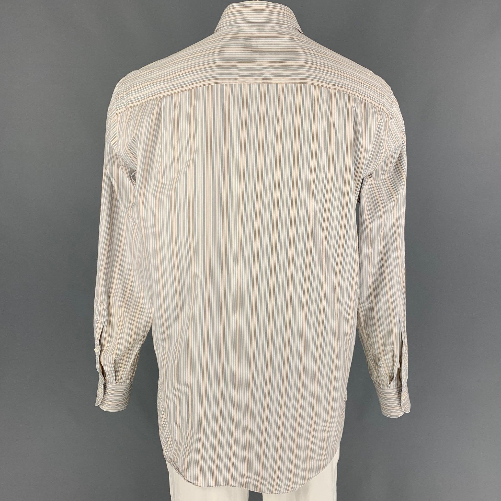 ERMENEGILDO ZEGNA Size L White Blue Stripe Cotton Button Up Long Sleeve Shirt In Good Condition For Sale In San Francisco, CA