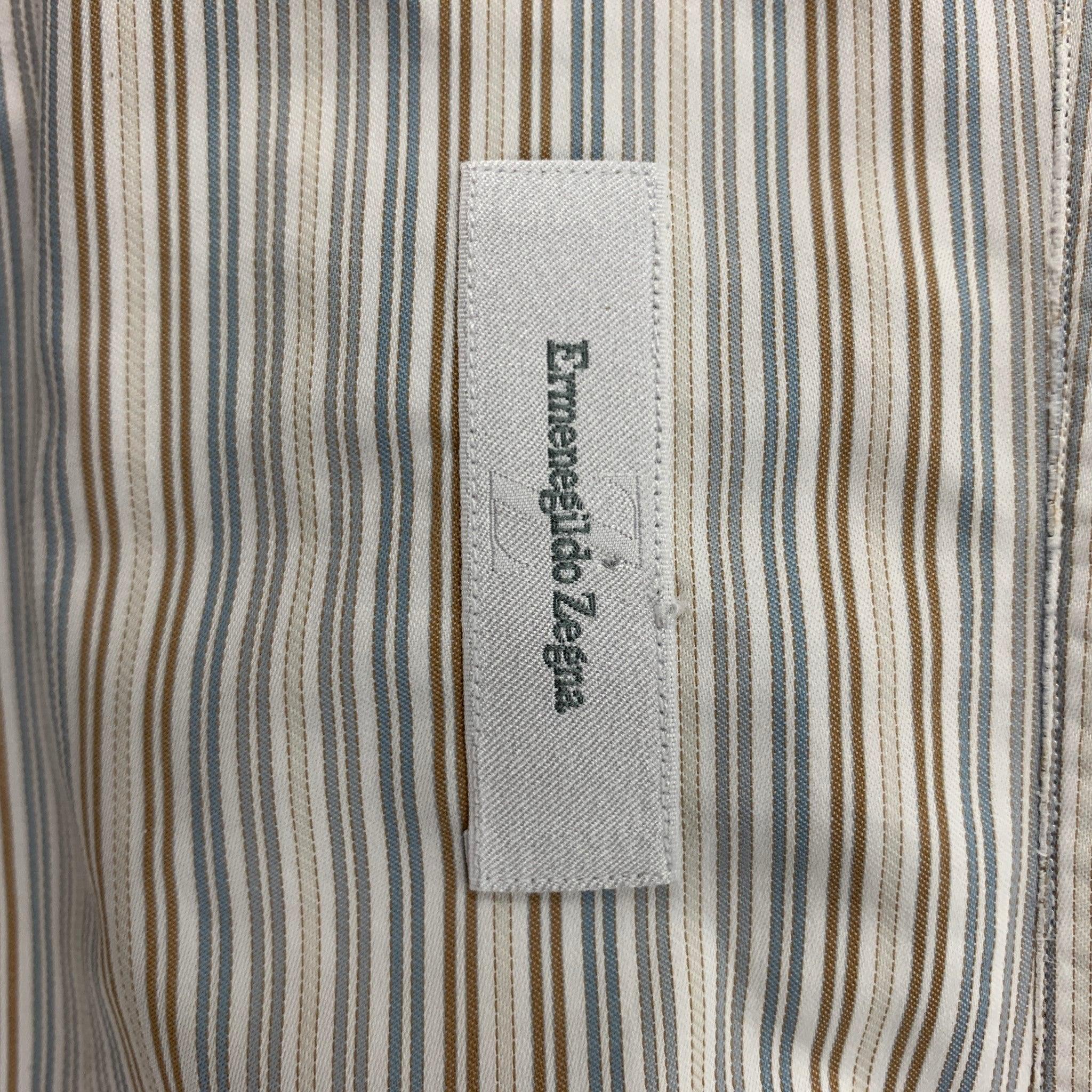 ERMENEGILDO ZEGNA Size L White Blue Stripe Cotton Button Up Long Sleeve Shirt For Sale 1