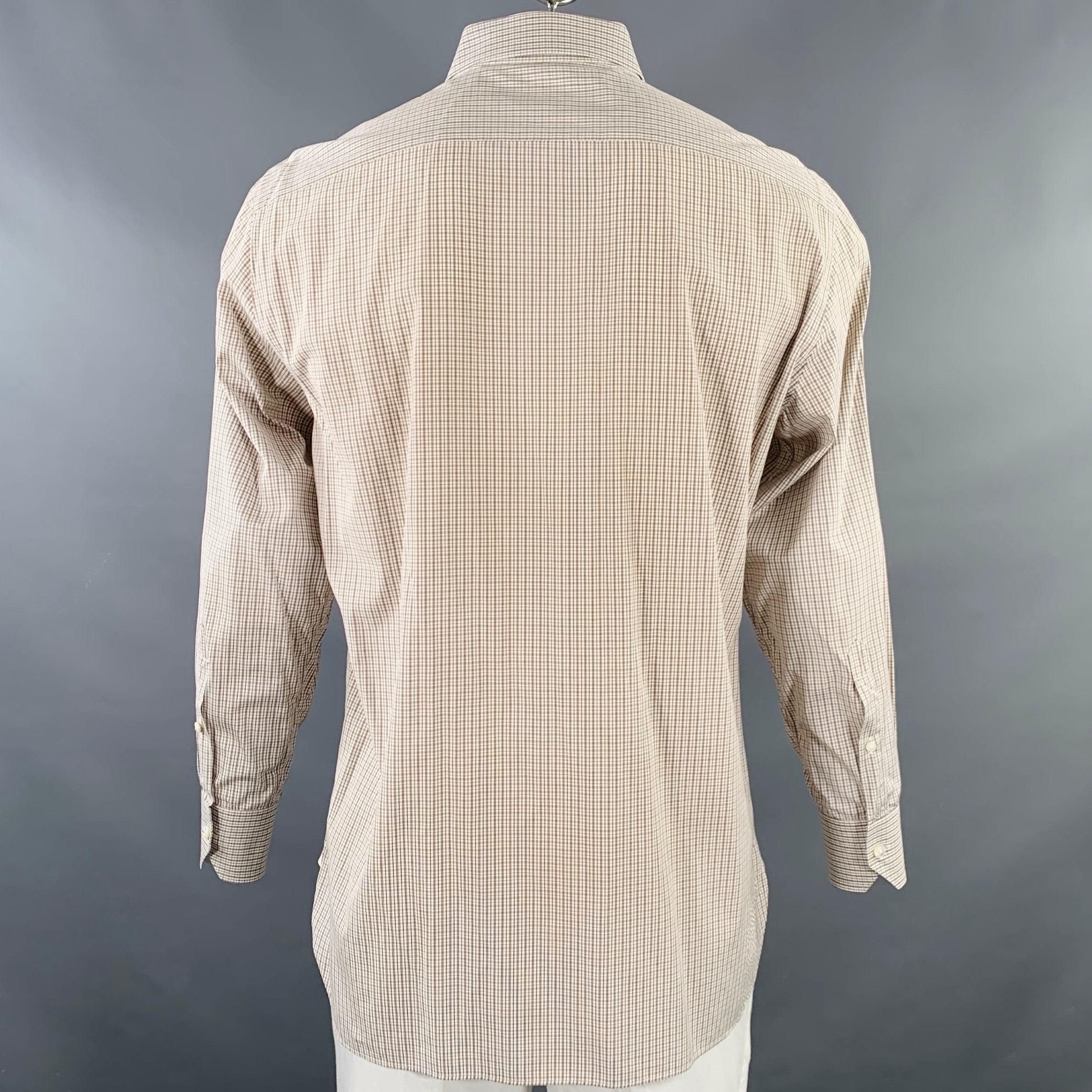 ERMENEGILDO ZEGNA Size L White Brown Checkered Cotton Slim Fit Long Sleeve Shirt In Excellent Condition For Sale In San Francisco, CA