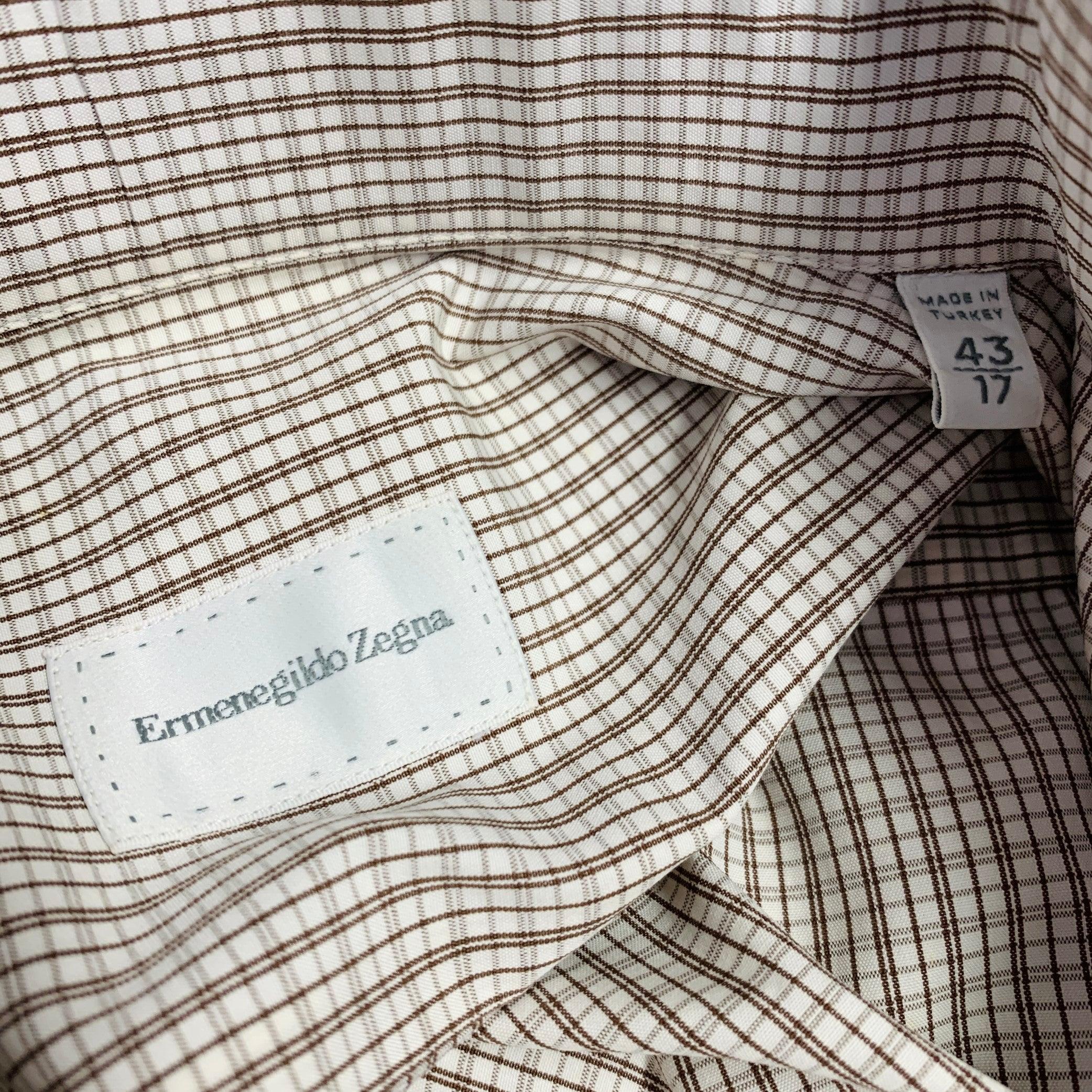 Men's ERMENEGILDO ZEGNA Size L White Brown Checkered Cotton Slim Fit Long Sleeve Shirt For Sale
