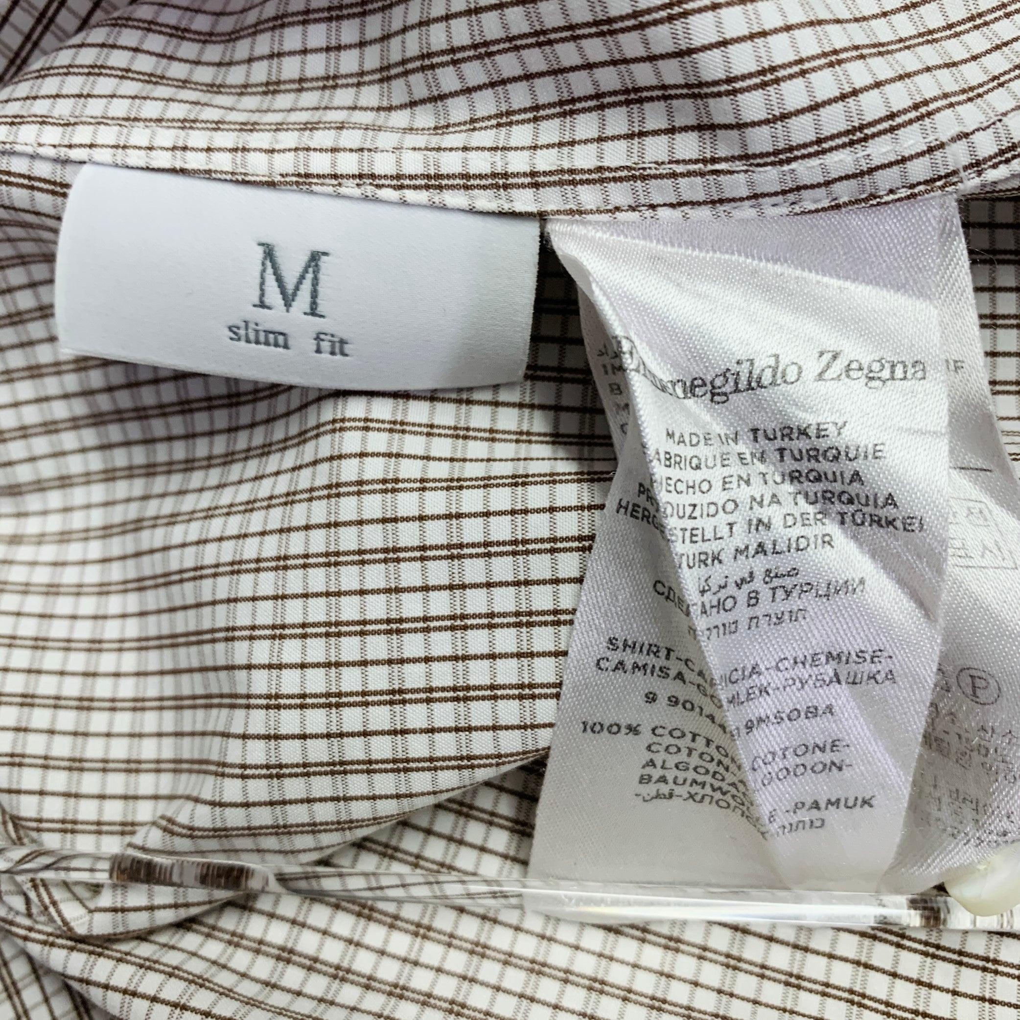 ERMENEGILDO ZEGNA Size L White Brown Checkered Cotton Slim Fit Long Sleeve Shirt For Sale 1