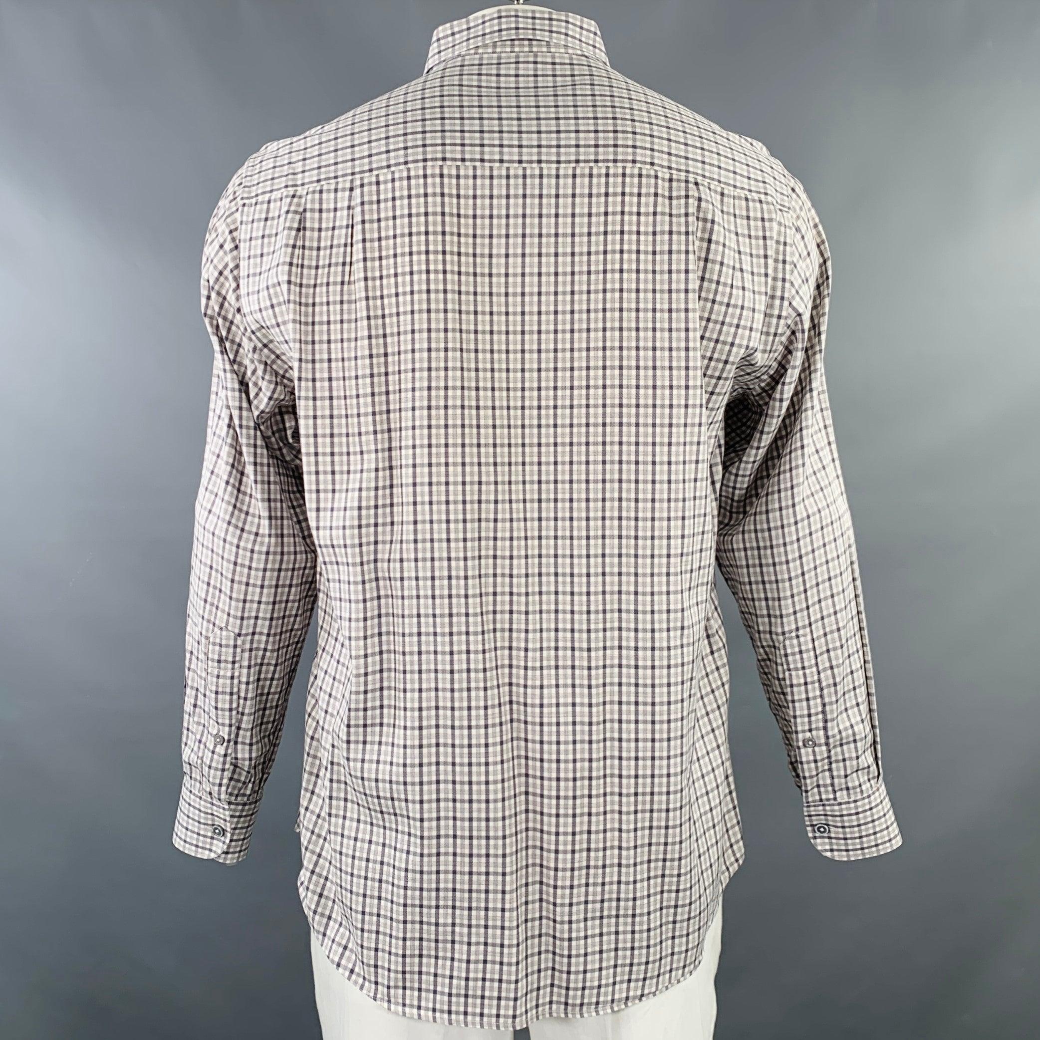 ERMENEGILDO ZEGNA Size L White Grey Checkered Cotton Long Sleeve Shirt In Excellent Condition For Sale In San Francisco, CA