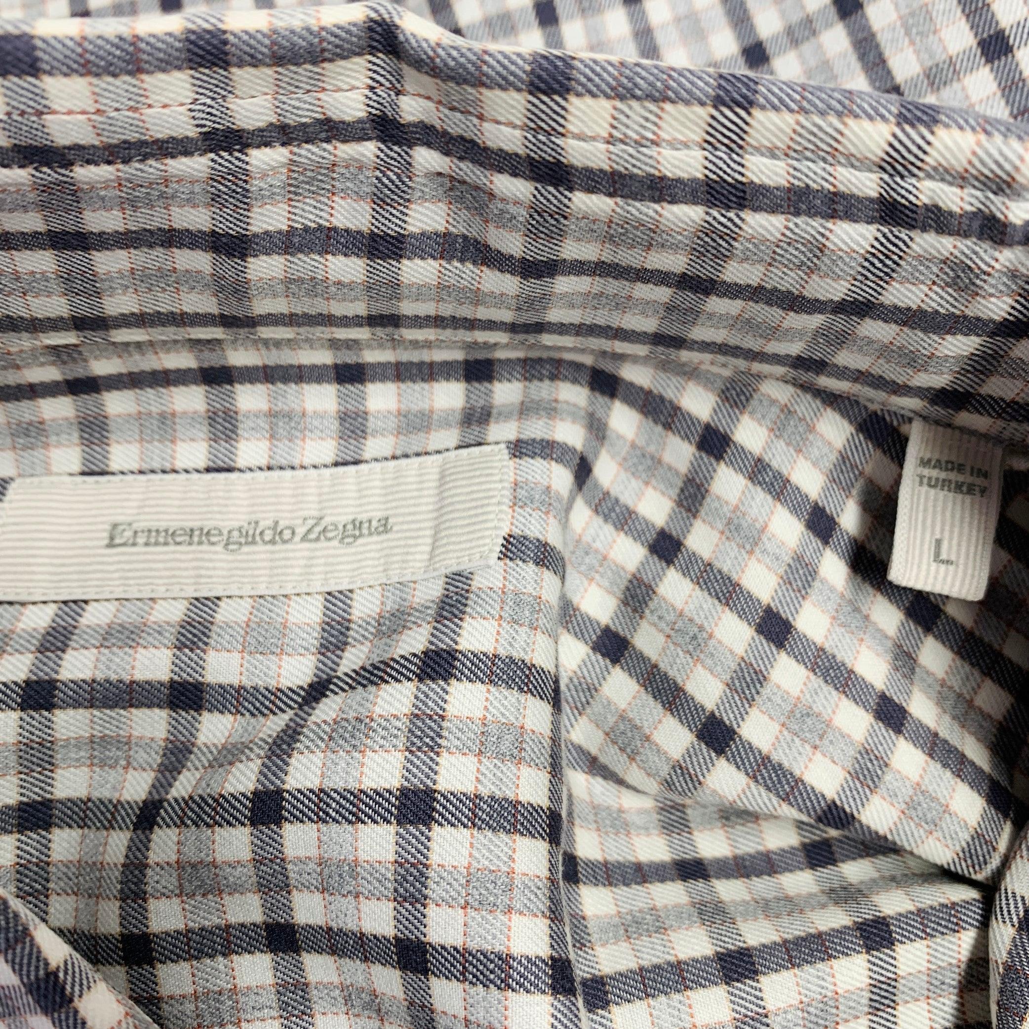 Men's ERMENEGILDO ZEGNA Size L White Grey Checkered Cotton Long Sleeve Shirt For Sale
