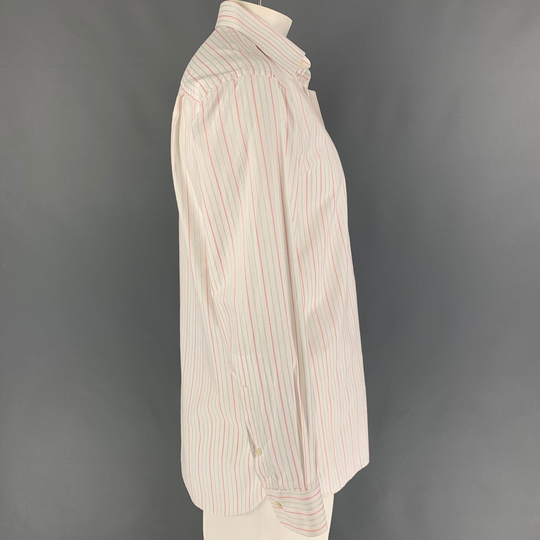 ERMENEGILDO ZEGNA long sleeve shirt comes in a white & orange stripe cotton featuring a spread collar, patch pocket, and a button up closure.
Very Good
Pre-Owned Condition. 

Marked:   42/16.5 

Measurements: 
 
Shoulder: 20 inches  Chest: 46 inches