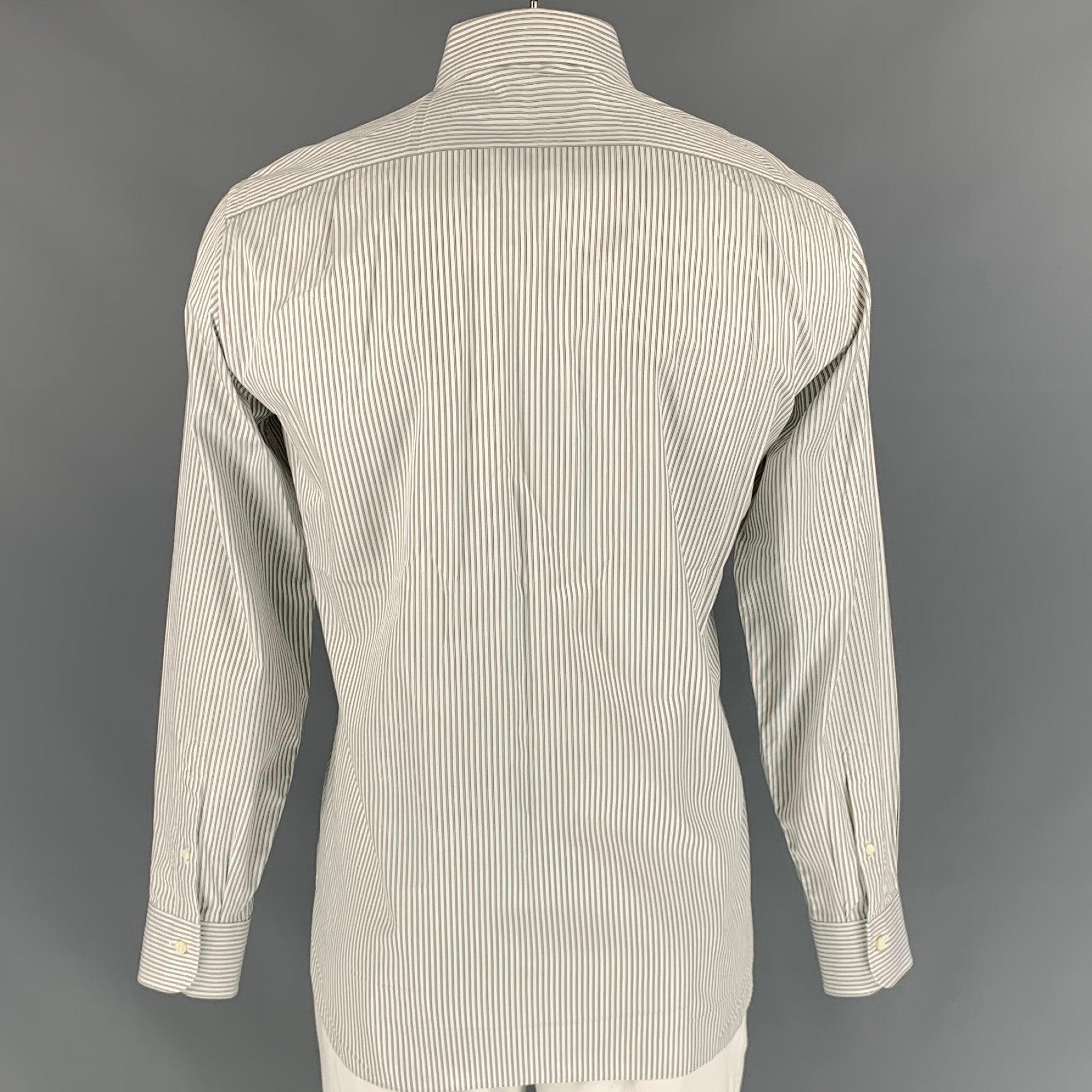 ERMENEGILDO ZEGNA Size L White Stripe Cotton Button Down Long Sleeve Shirt In Good Condition For Sale In San Francisco, CA