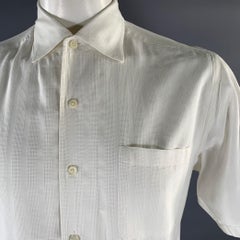 ERMENEGILDO ZEGNA Talla L Camisa blanca de rayas de algodón con cuello de pico y manga corta