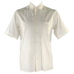 ERMENEGILDO ZEGNA Talla L Camisa blanca de rayas de algodón con cuello de pico y manga corta