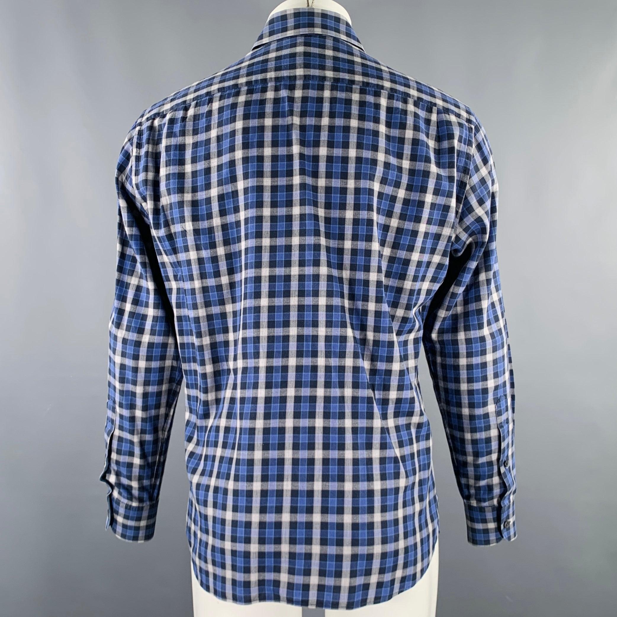 ERMENEGILDO ZEGNA Size M Blue Grey Checkered Long Sleeve Shirt In Excellent Condition For Sale In San Francisco, CA