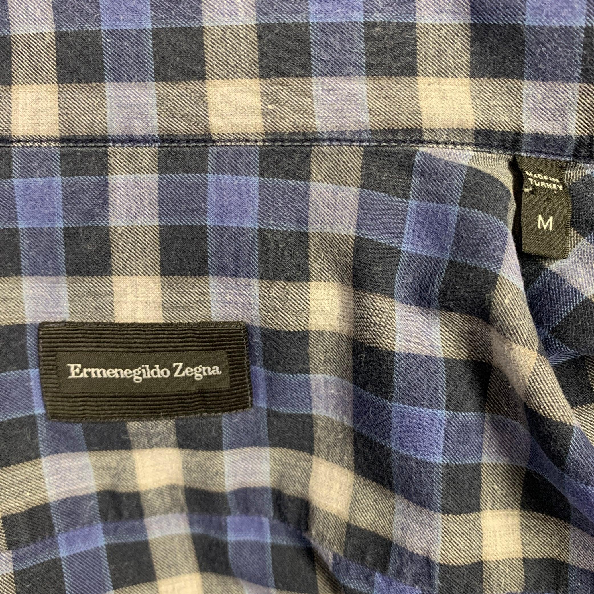 Men's ERMENEGILDO ZEGNA Size M Blue Grey Checkered Long Sleeve Shirt For Sale