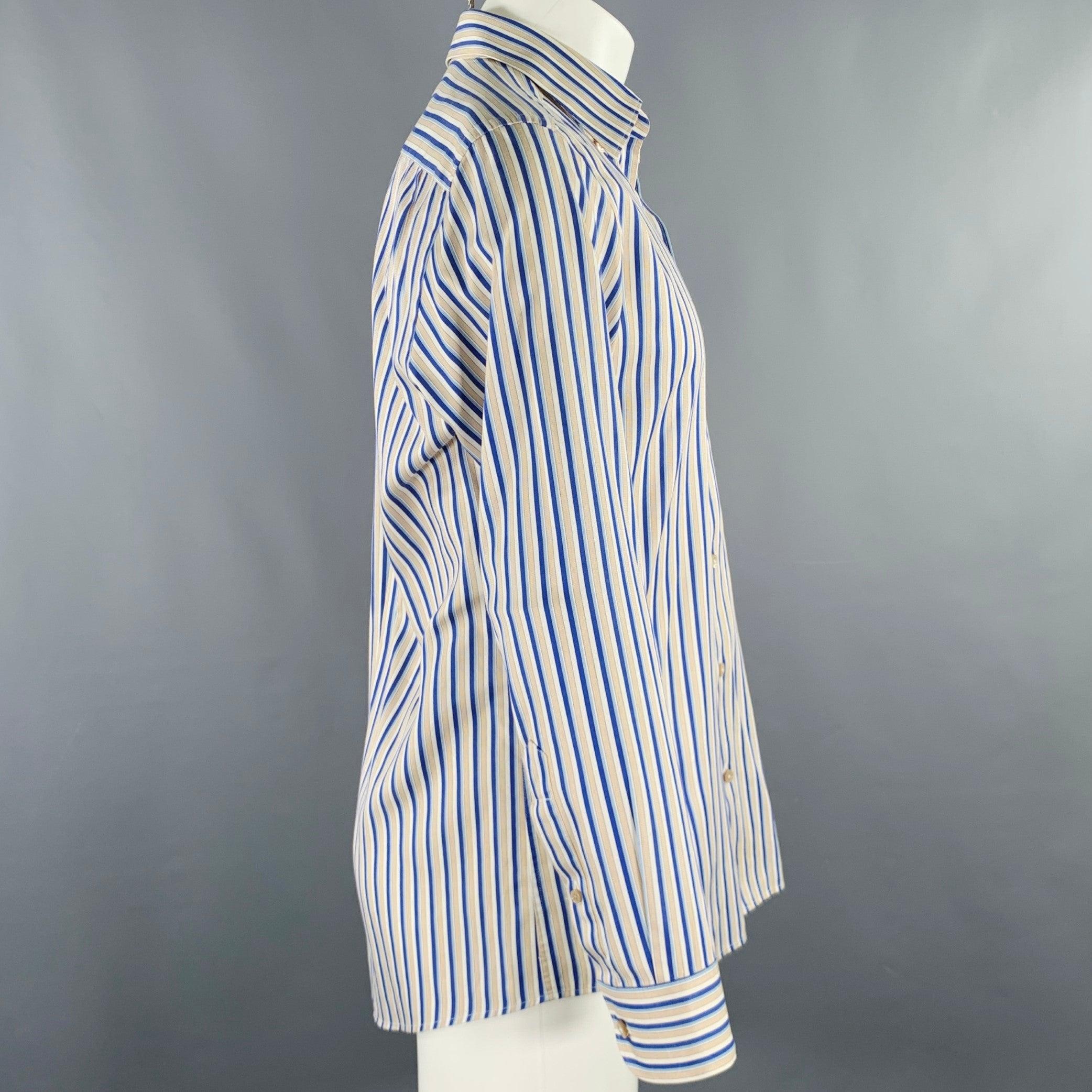 Gray ERMENEGILDO ZEGNA Size M Blue Taupe Stripe Cotton Long Sleeve Shirt For Sale