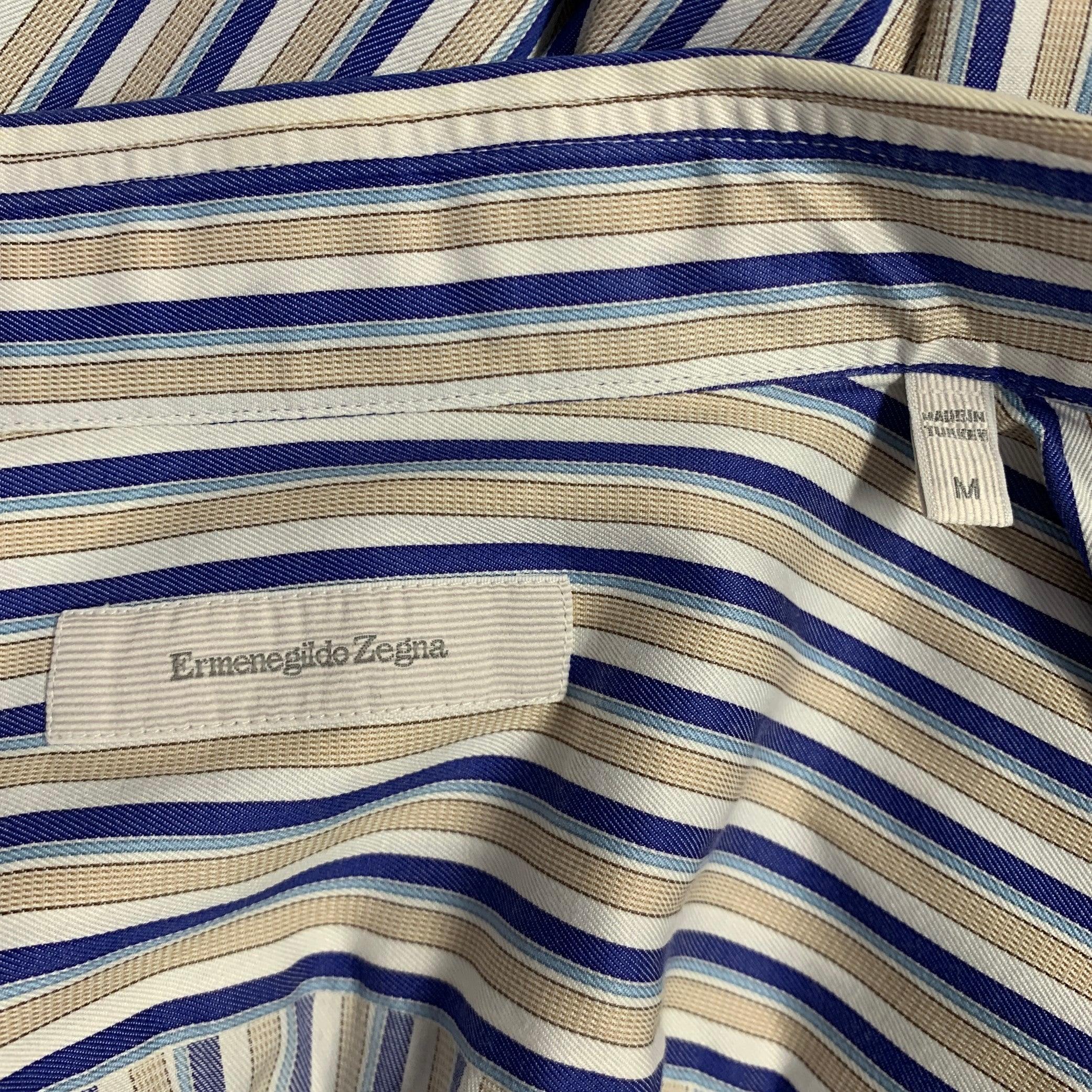 Men's ERMENEGILDO ZEGNA Size M Blue Taupe Stripe Cotton Long Sleeve Shirt For Sale