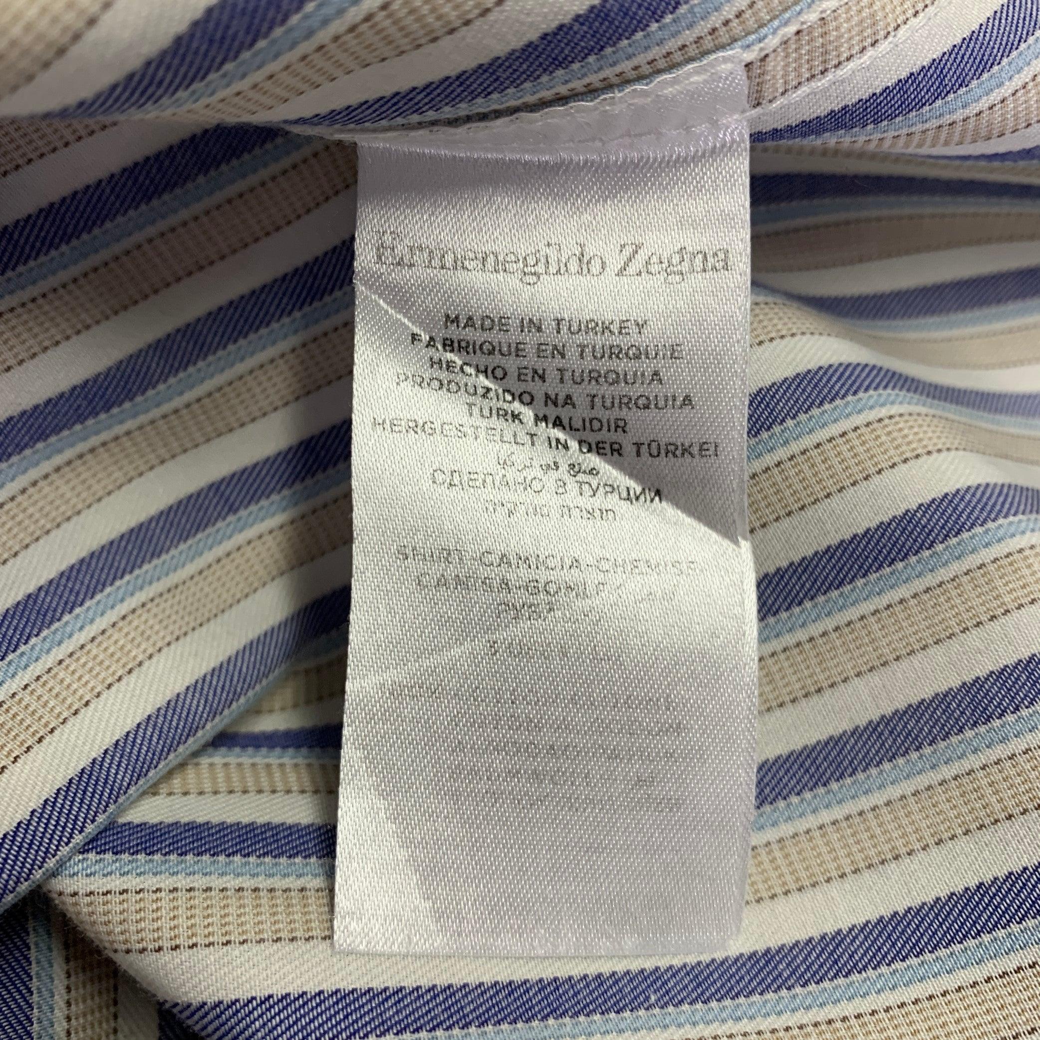 ERMENEGILDO ZEGNA Size M Blue Taupe Stripe Cotton Long Sleeve Shirt For Sale 1