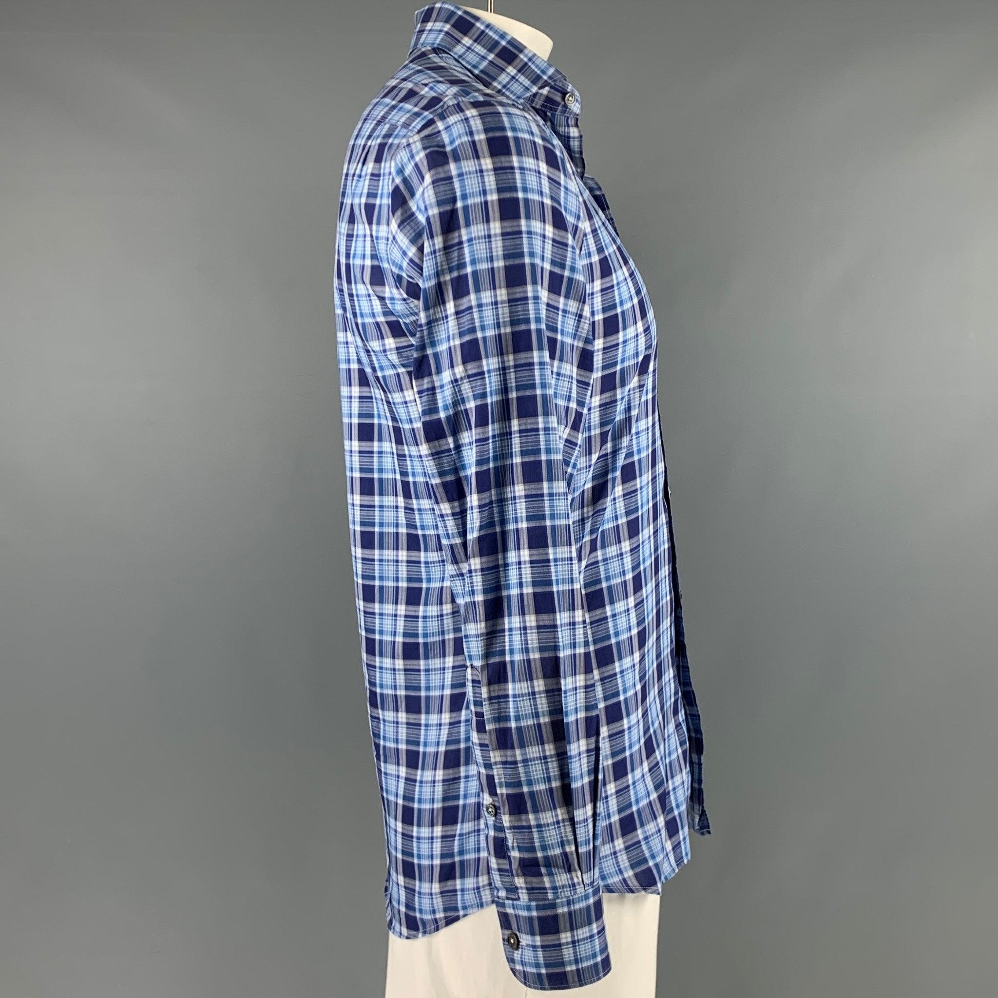 ERMENEGILDO ZEGNA long sleeve shirt
in a blue and white cotton fabric featuring a plaid pattern, spread collar, and a button closure. Excellent Pre-Owned Condition. 

Marked:   S 

Measurements: 
 
Shoulder: 16.5 inches Chest: 40 inches Sleeve: 25.5
