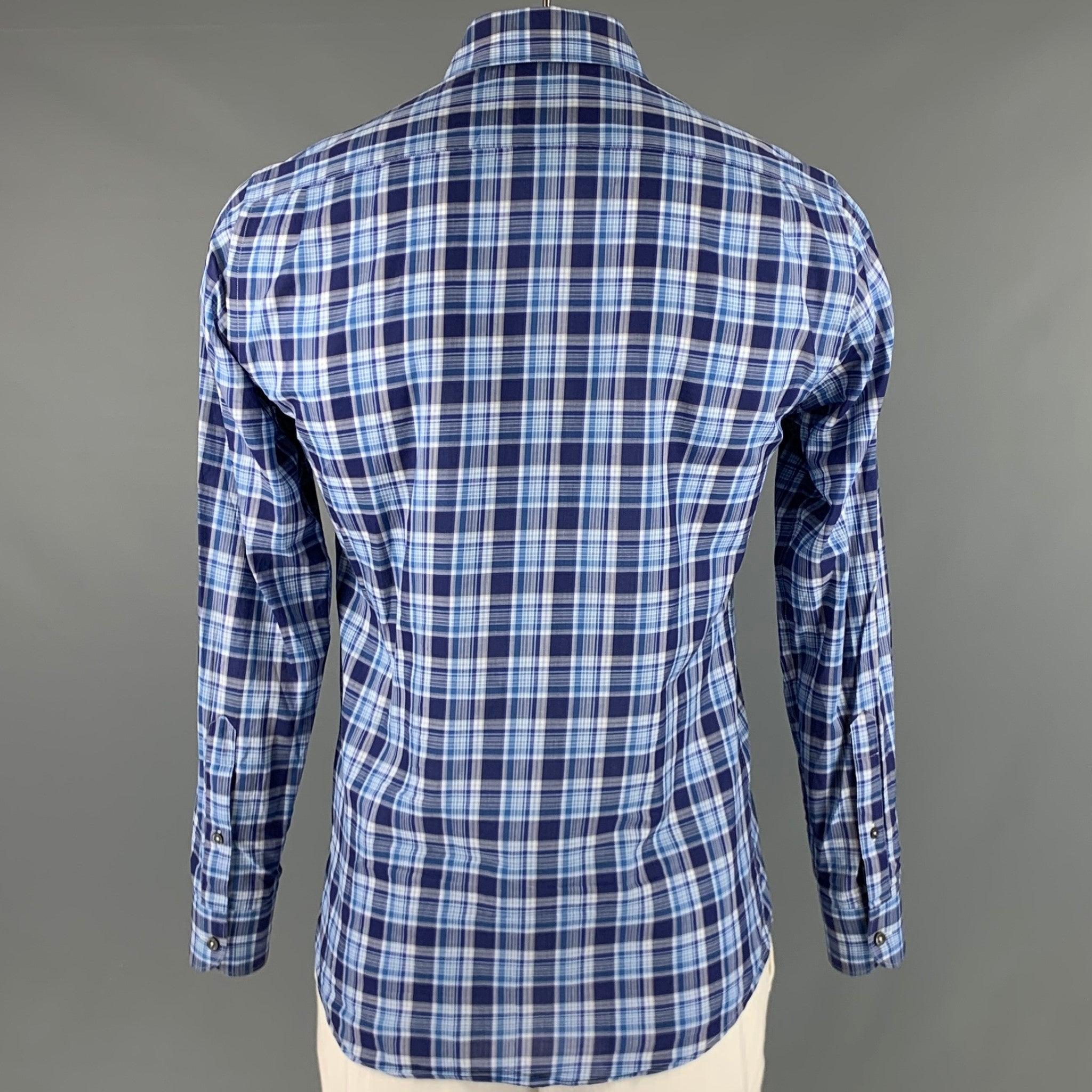 ERMENEGILDO ZEGNA Size M Blue White Plaid Cotton Long Sleeve Shirt In Excellent Condition For Sale In San Francisco, CA