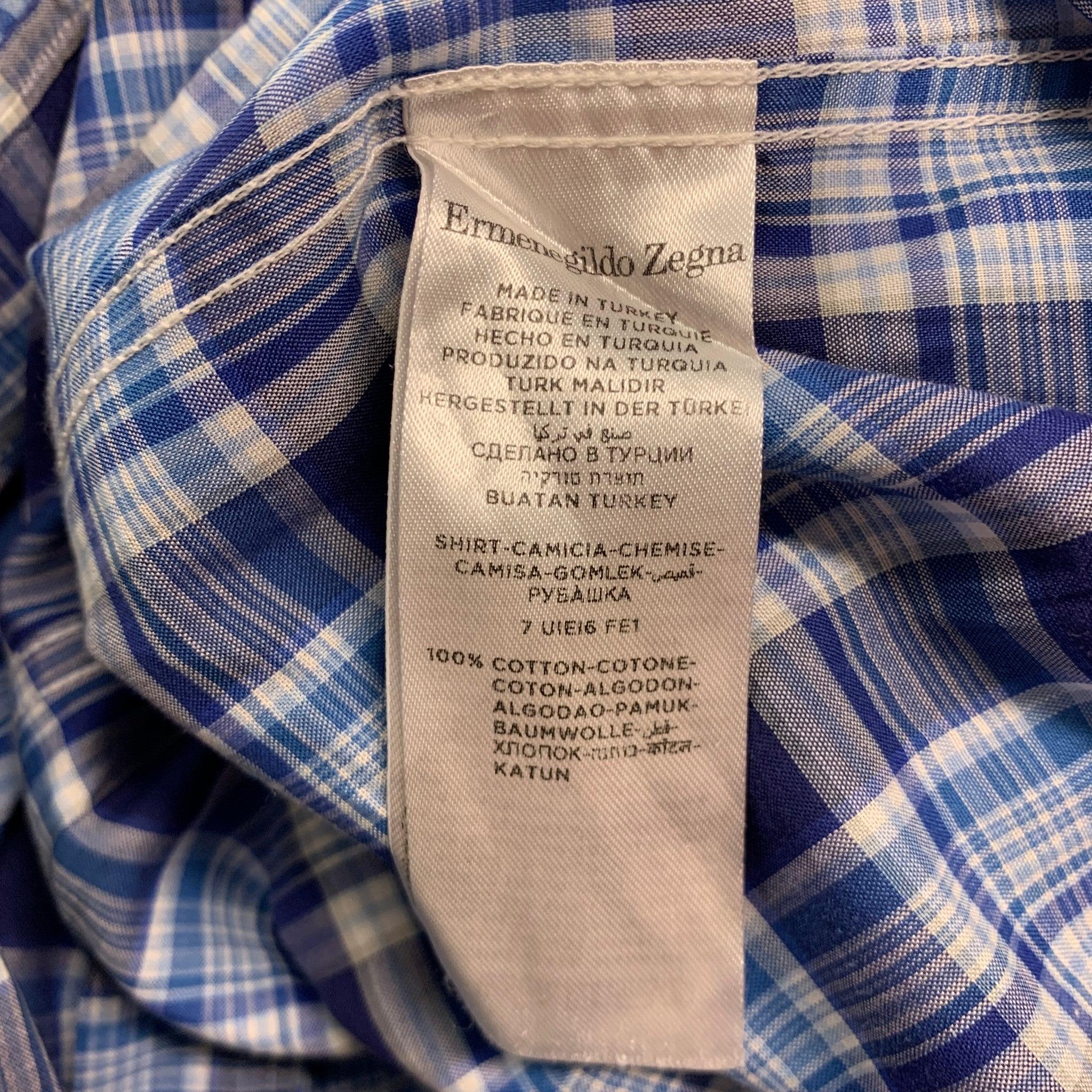 ERMENEGILDO ZEGNA Size M Blue White Plaid Cotton Long Sleeve Shirt For Sale 1