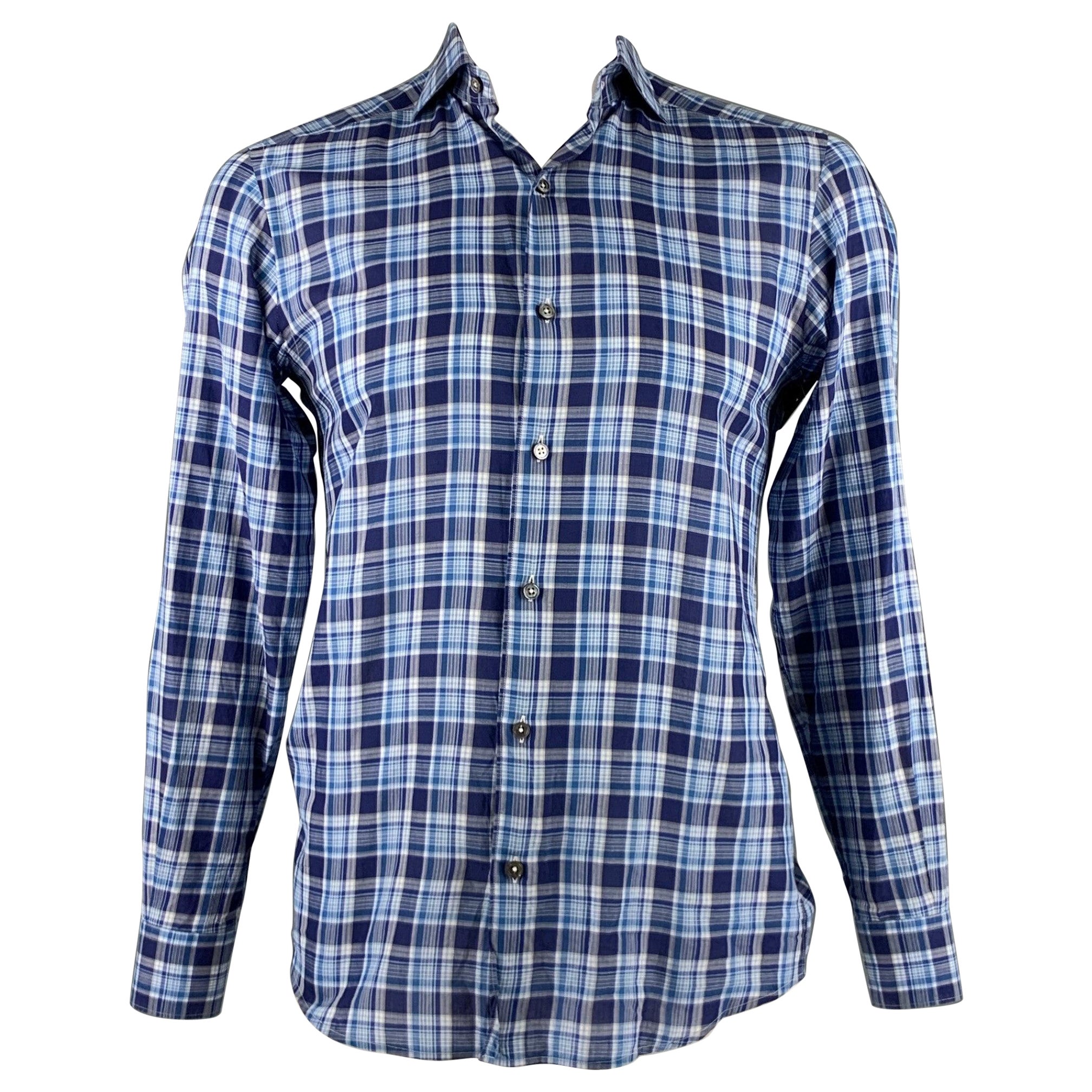 ERMENEGILDO ZEGNA Talla M Camisa de manga larga de algodón a cuadros azul y blanco