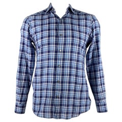ERMENEGILDO ZEGNA Talla M Camisa de manga larga de algodón a cuadros azul y blanco