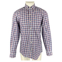 ERMENEGILDO ZEGNA Size M Blue, White & Red Checkered Cotton Long Sleeve Shirt