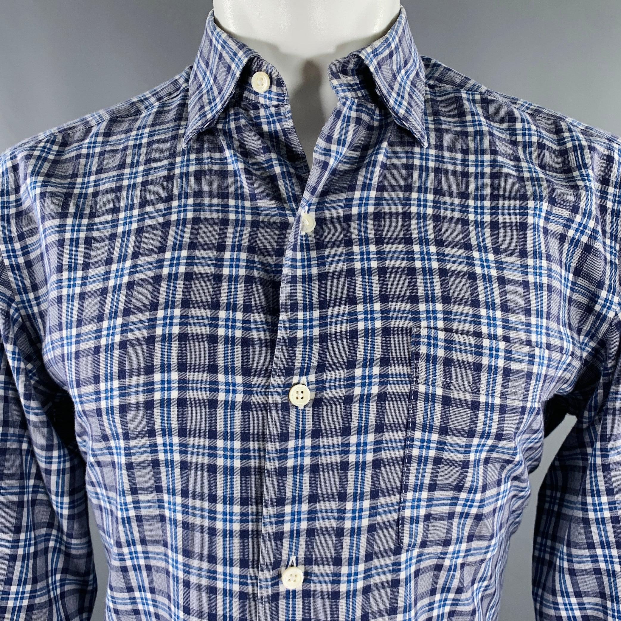 ERMENEGILDO ZEGNA long sleeve shirt in a
grey and blue woven fabric featuring a plaid pattern, one pocket, and button closure.Excellent Pre-Owned Condition. 

Marked:   M 

Measurements: 
 
Shoulder: 16 inches Chest: 40 inches Sleeve: 25 inches