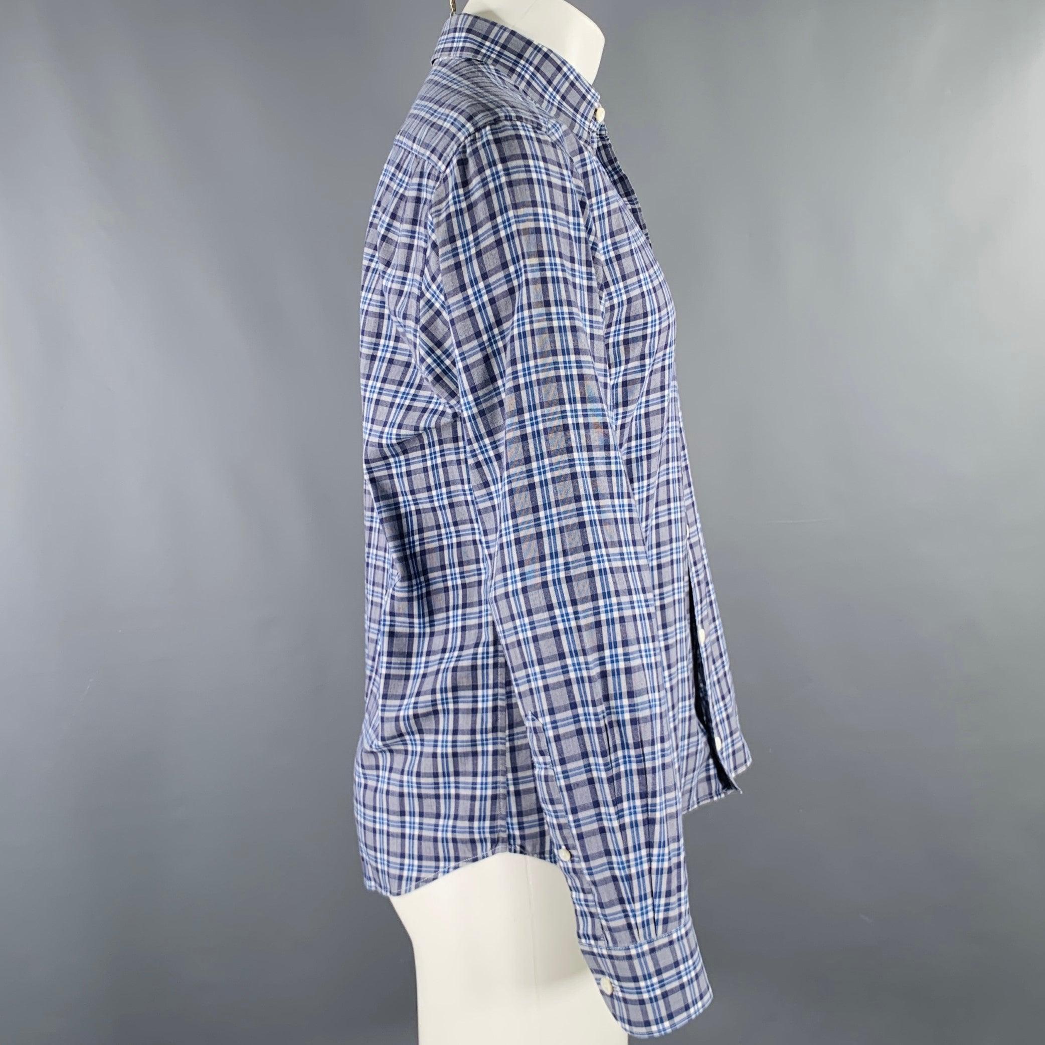 Gray ERMENEGILDO ZEGNA Size M Grey Blue Plaid One Pocket Long Sleeve Shirt For Sale
