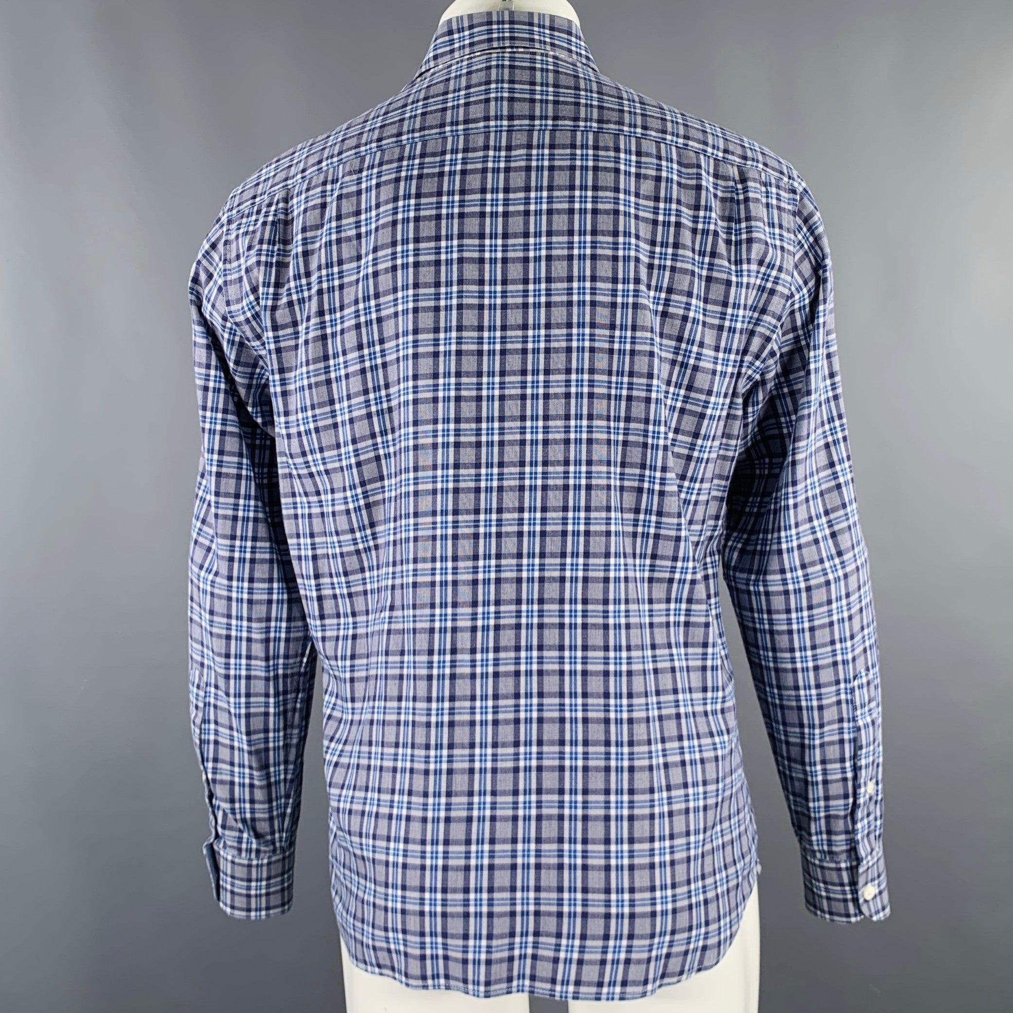ERMENEGILDO ZEGNA Size M Grey Blue Plaid One Pocket Long Sleeve Shirt In Excellent Condition For Sale In San Francisco, CA