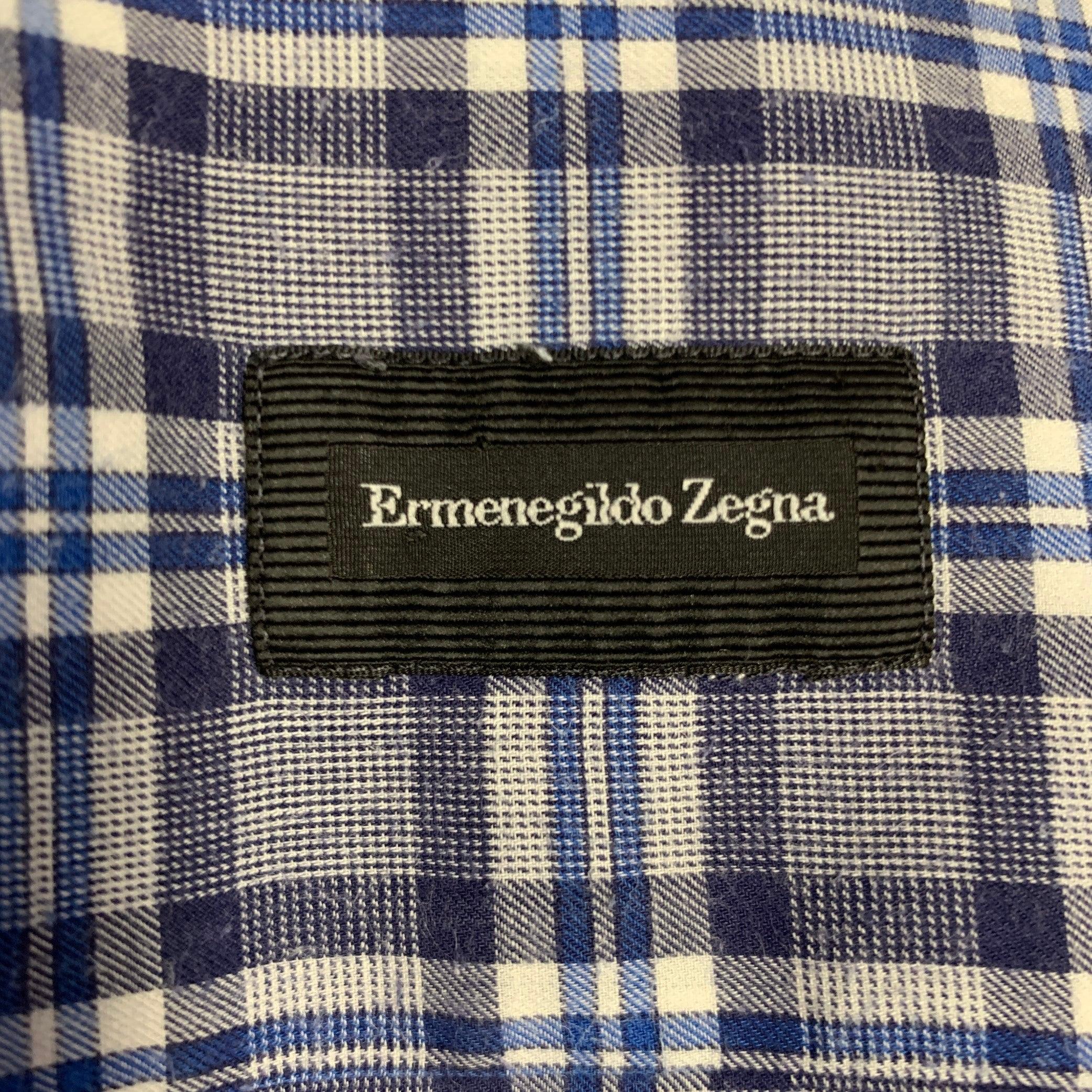 Men's ERMENEGILDO ZEGNA Size M Grey Blue Plaid One Pocket Long Sleeve Shirt For Sale