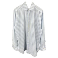 ERMENEGILDO ZEGNA Talla M Camisa de manga larga con puños franceses de algodón a rayas gris claro