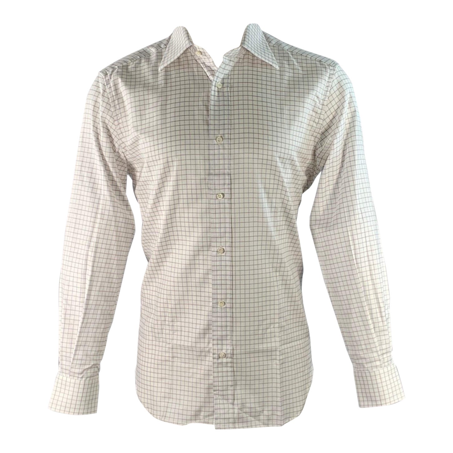 Ermenegildo Zegna Taglia M Camicia a maniche lunghe a scacchi bianchi, blu e marroni in vendita