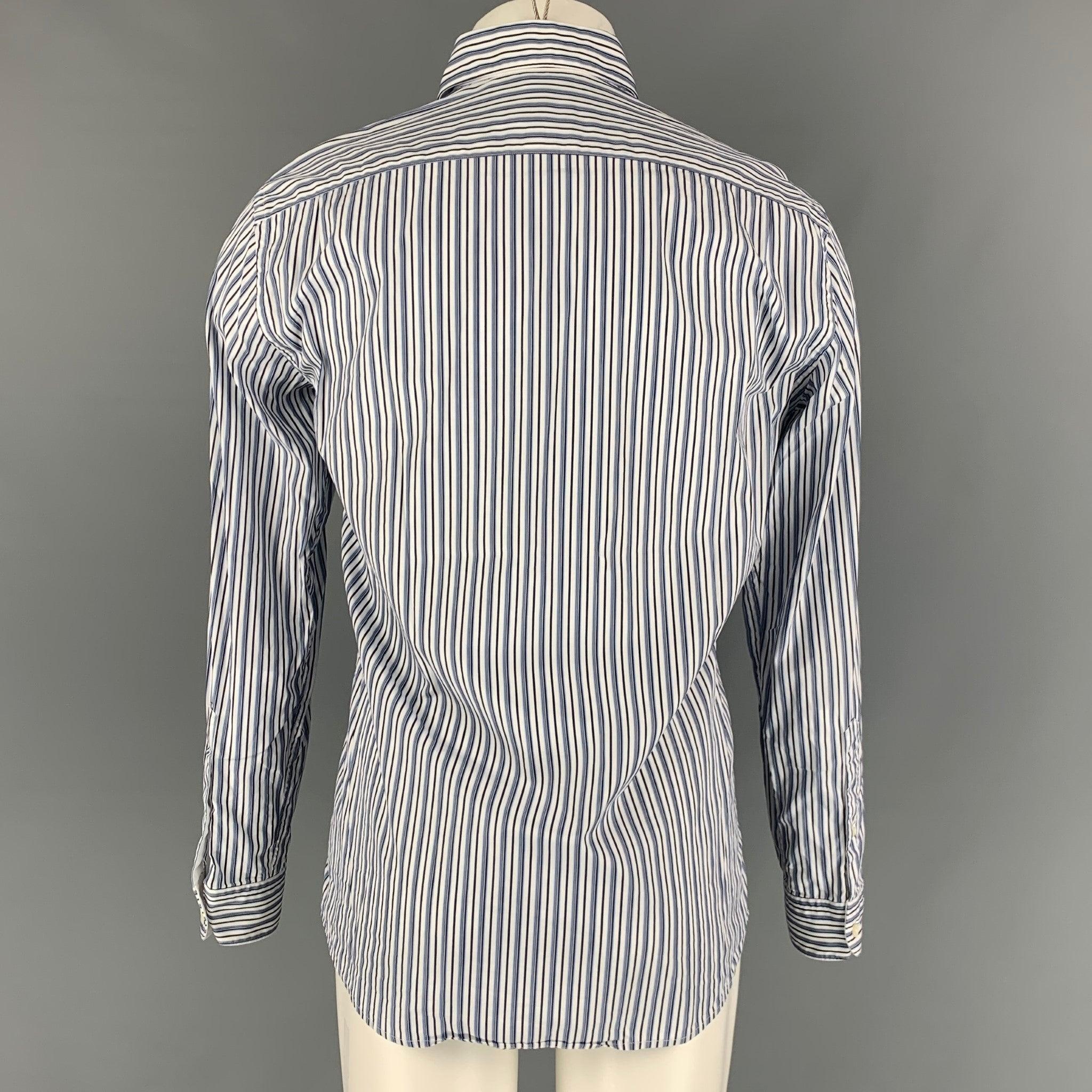 ERMENEGILDO ZEGNA Size M White & Navy Stripe Cotton Long Sleeve Shirt In Excellent Condition For Sale In San Francisco, CA