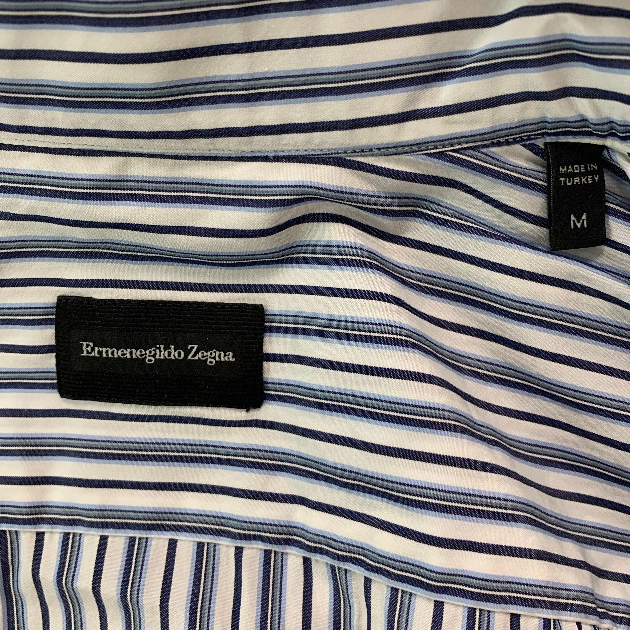 Men's ERMENEGILDO ZEGNA Size M White & Navy Stripe Cotton Long Sleeve Shirt For Sale