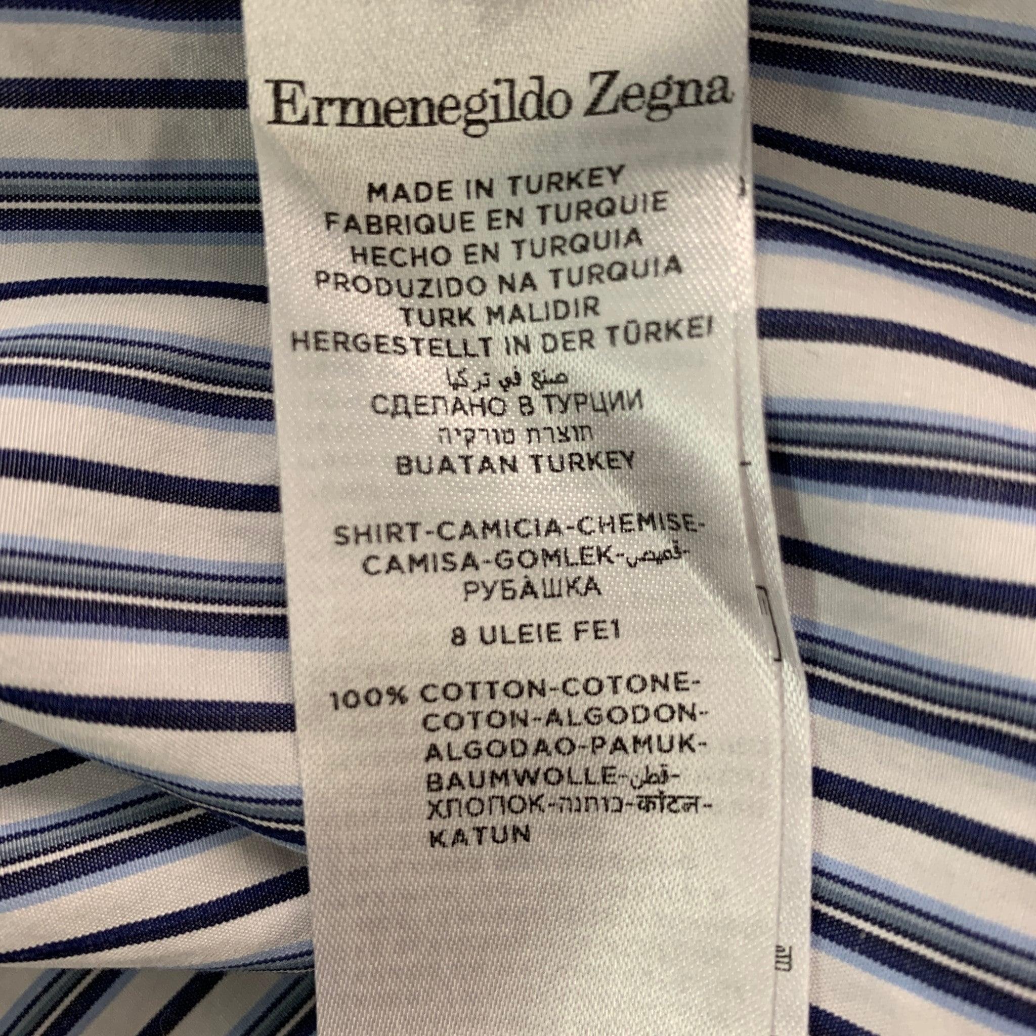 ERMENEGILDO ZEGNA Size M White & Navy Stripe Cotton Long Sleeve Shirt For Sale 1