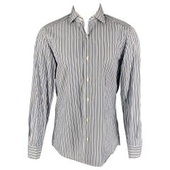 ERMENEGILDO ZEGNA Size M White & Navy Stripe Cotton Long Sleeve Shirt