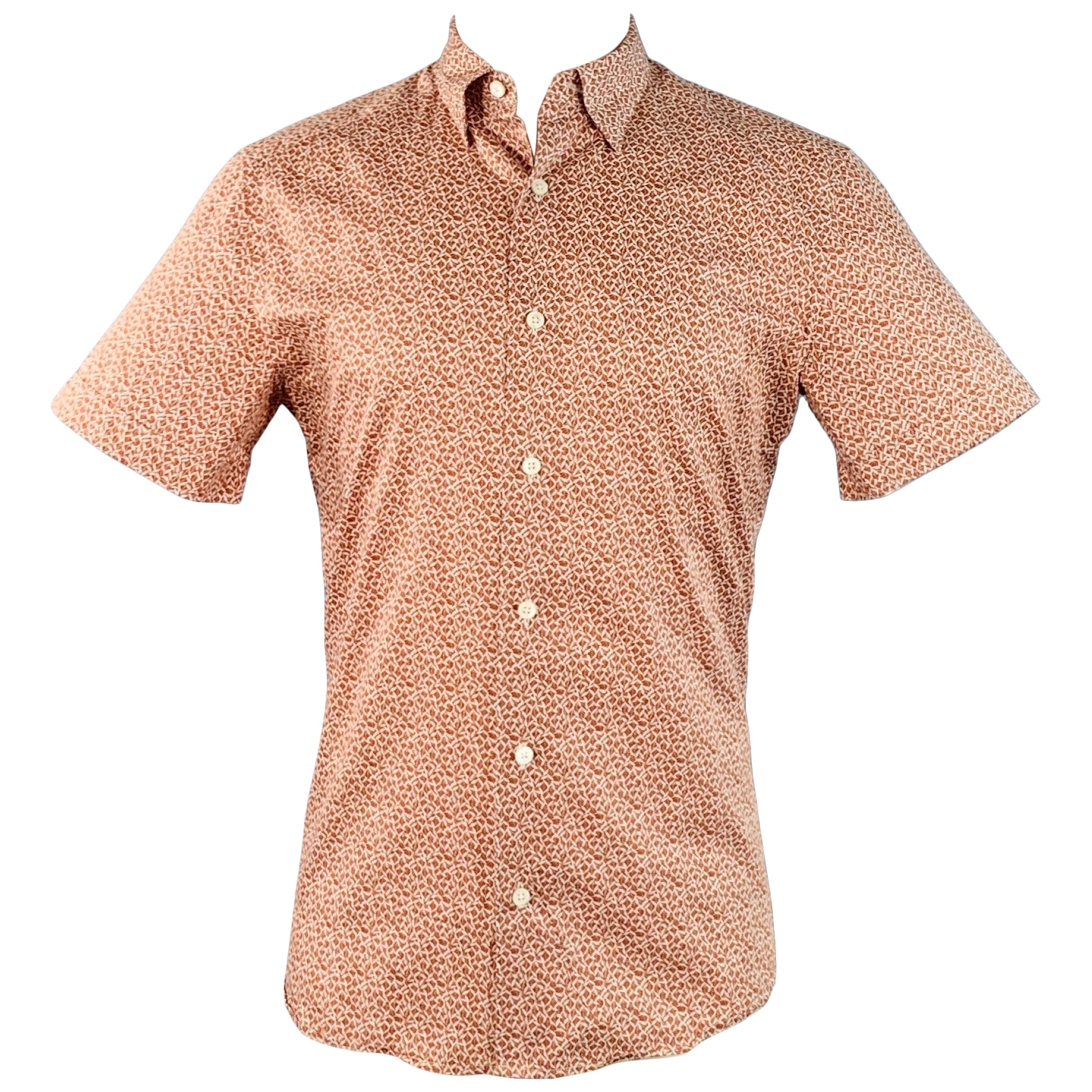 ERMENEGILDO Zegna Taille M Chemise à manches courtes en coton blanc rouille abstrait