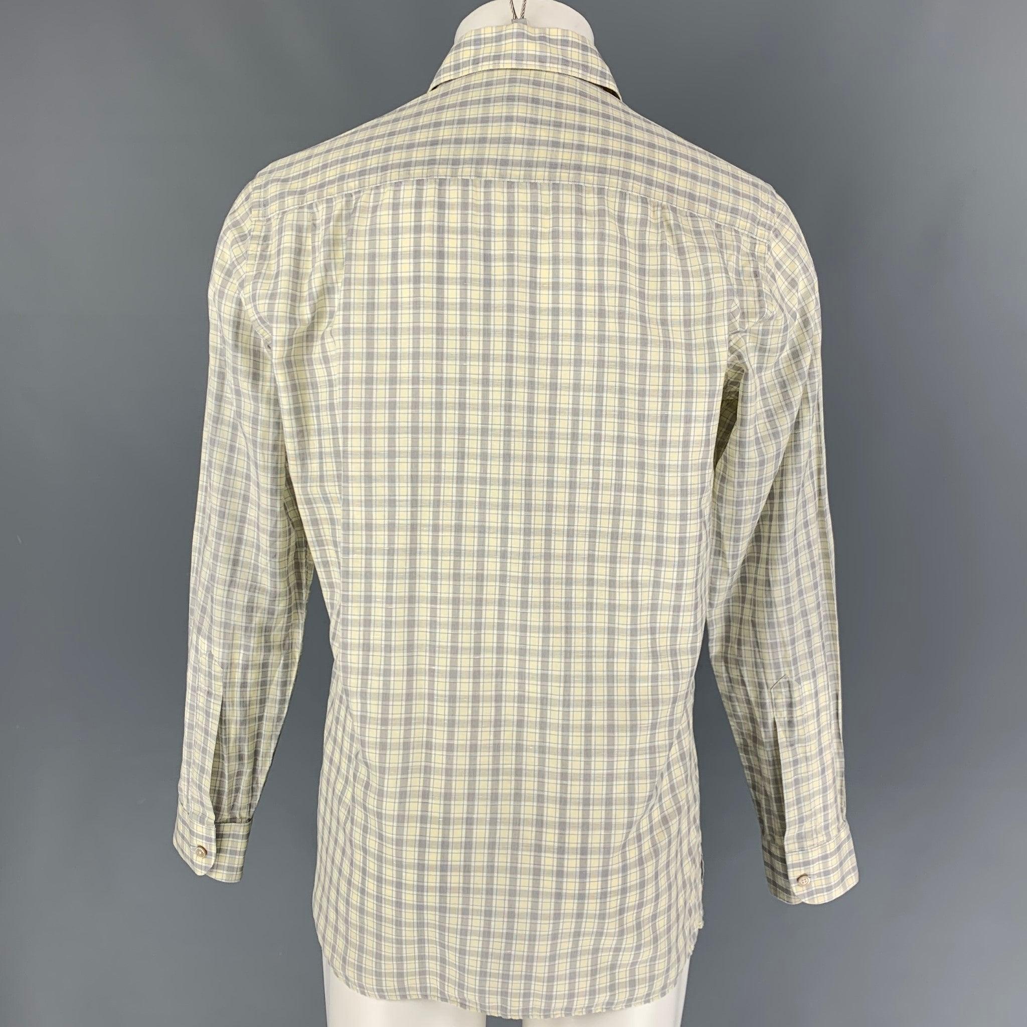 ERMENEGILDO ZEGNA Size M Yellow Blue Plaid Cotton Linen Long Sleeve Shirt In Good Condition For Sale In San Francisco, CA