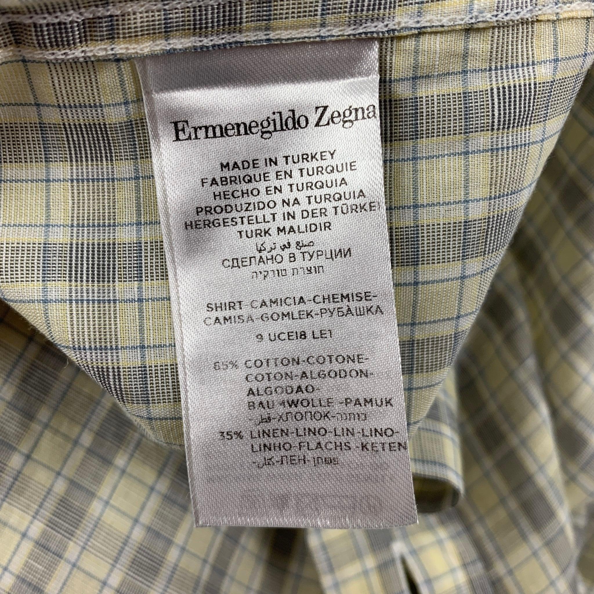 Men's ERMENEGILDO ZEGNA Size M Yellow Blue Plaid Cotton Linen Long Sleeve Shirt For Sale
