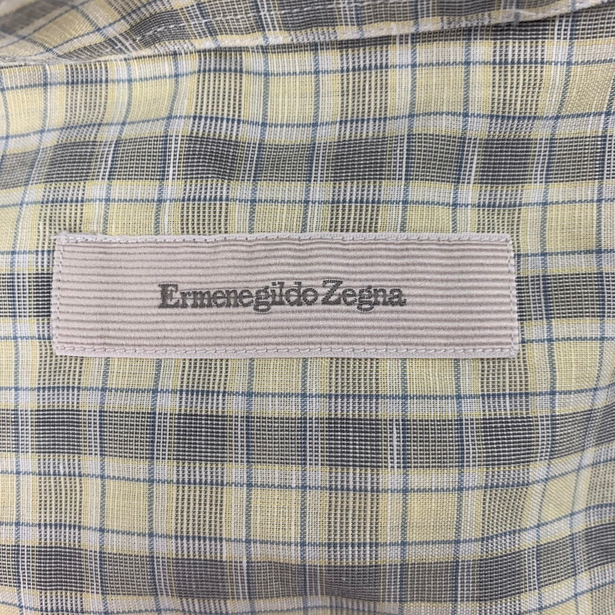 ERMENEGILDO ZEGNA Size M Yellow Blue Plaid Cotton Linen Long Sleeve Shirt For Sale 2