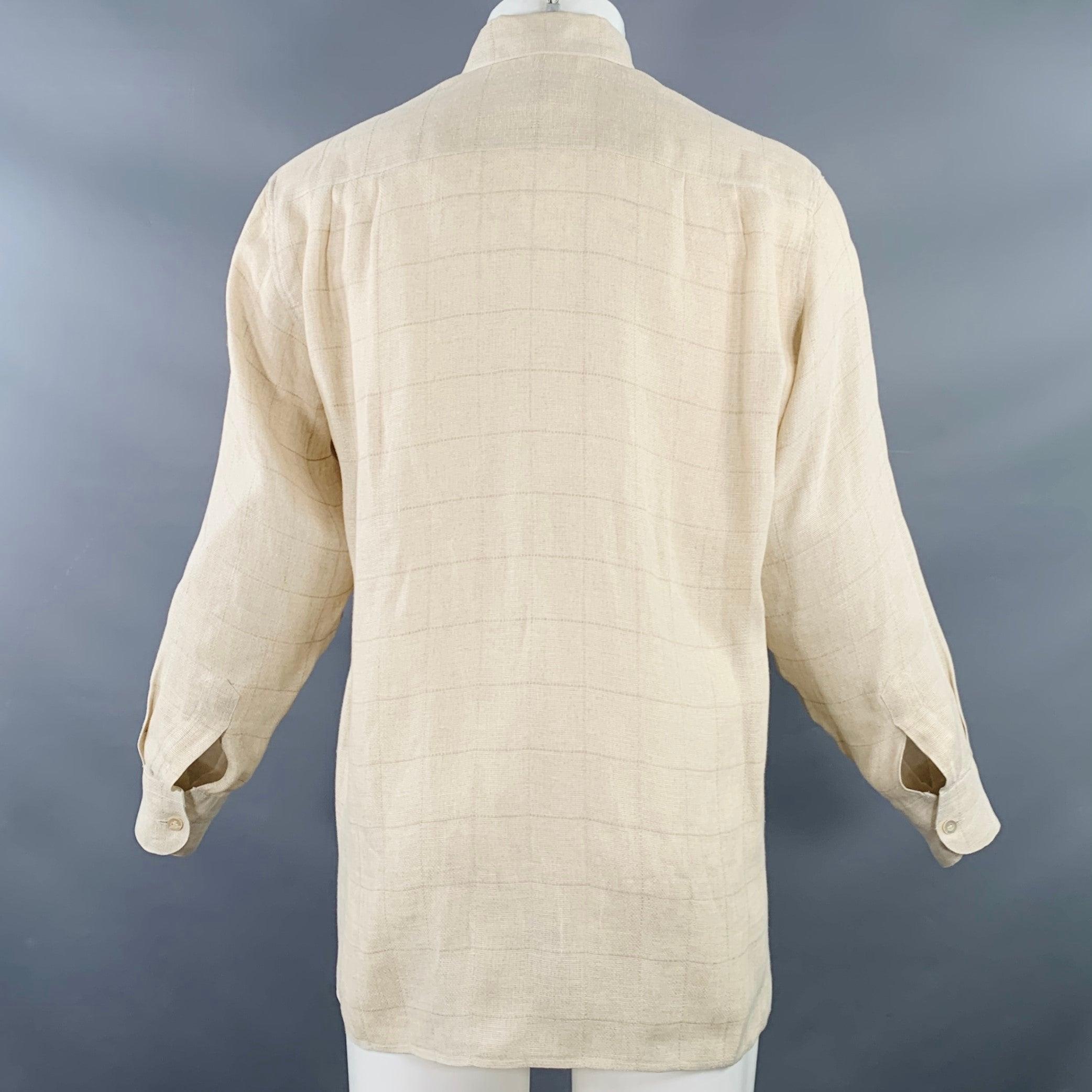 ERMENEGILDO ZEGNA Size S Beige Woven Cotton One Pocket Long Sleeve Shirt In Good Condition For Sale In San Francisco, CA